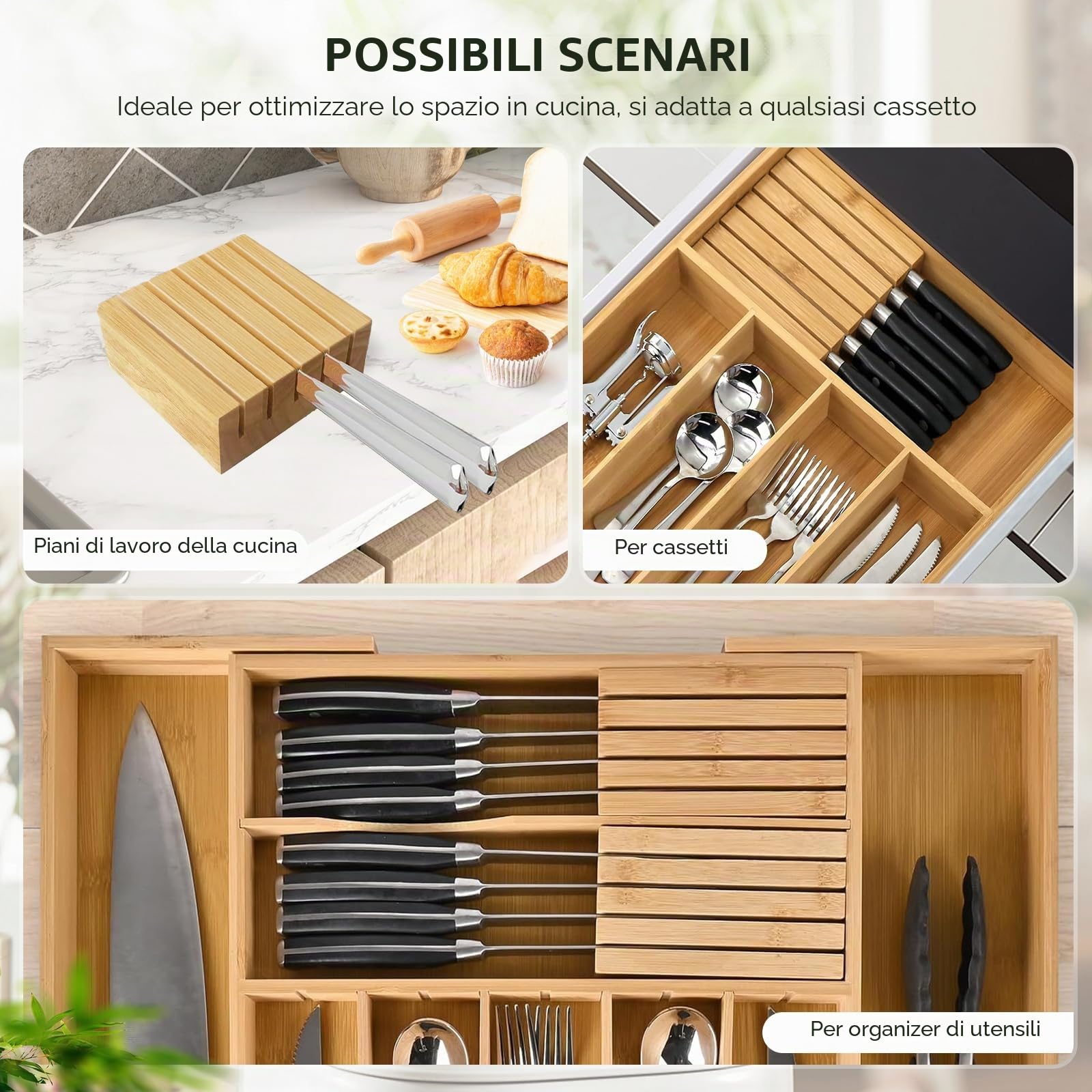 2 Pezzi Porta Coltelli da Cassetto, Bambù Portacoltelli da Cassetto Ceppo Coltelli da Bistecca, Portacoltelli Piccolo Adatto per L'organizer del Cassetto della Cucina