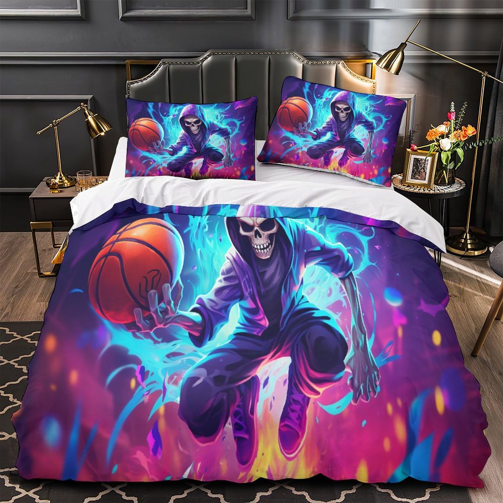 Baloncesto esqueleto Set Di Biancheria Da Letto Da 3 Pezzi in Microfibra Copripiumino Con Federe Morbida, Resistente,Anime Traspirante Copripiumini King（220x240cm）