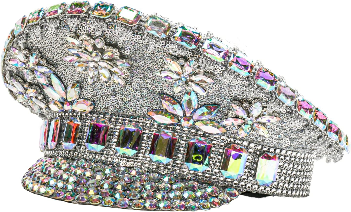Silver Rhinestones Festival Burning Man Hat Captain, Trendy Flower Rave Hen Party Hat Military Captain Marching Band Burning Man Captival Hat, Carnival Fancy Disco EDC EDM Festival Burning Man Rave Headdress Costume Hat Accessory