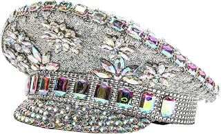 Silver Rhinestones Festival Burning Man Hat Captain, Trendy Flower Rave Hen Party Hat Military Captain Marching Band Burning Man Captival Hat, Carnival Fancy Disco EDC EDM Festival Burning Man Rave Headdress Costume Hat Accessory