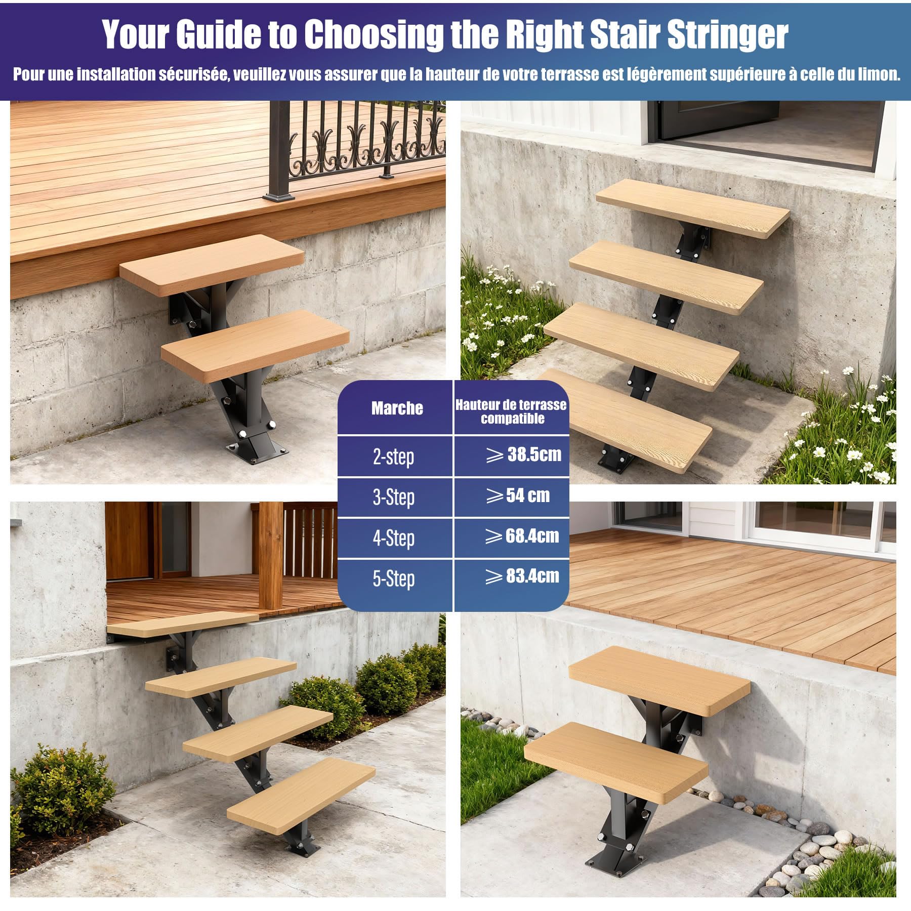Limons d'escalier métalliques 2 marches, avec Trous pré-percés | contremarches en acier pour terrasse de 33 cm de hauteur,charge maximale 225 kg,extérieures pour terrasse, porche, patio
