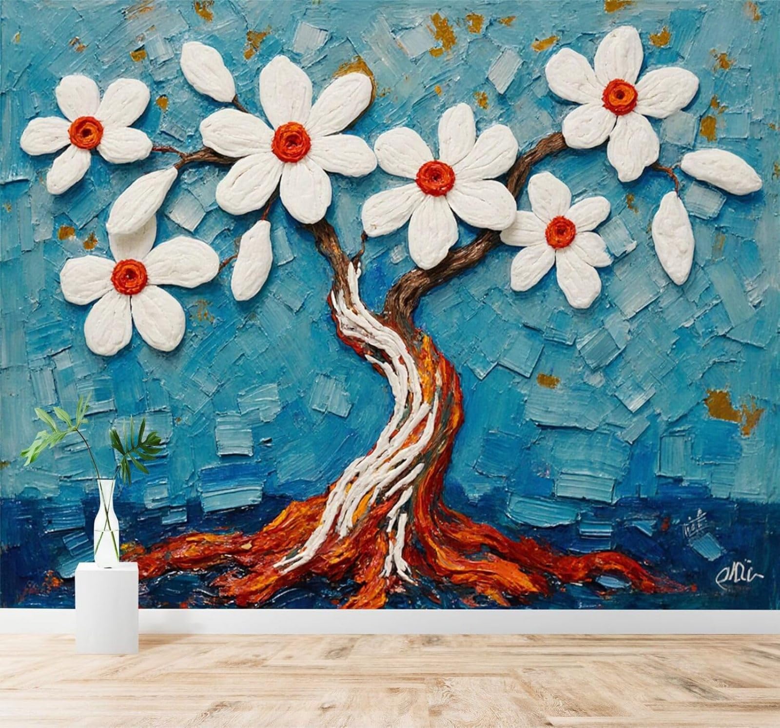 XLMING White Flowers Trees Abstract Blue Texture 3D Wallpaper Silky Texture Home Study Office Grey Dining Room Sofa Bedroom Living Room TV Backdrop-350cm×256cm