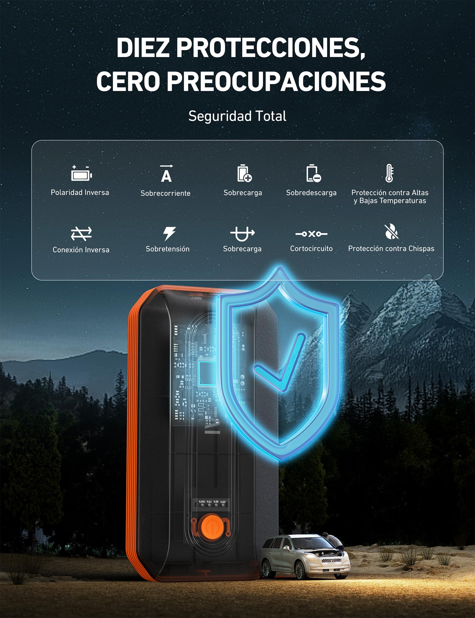 AstroAI B8 Arrancador de Baterias de Coche, Arrancador de Coches Portatil 12V (para 5.5L Disésel o 7.0L Gas), Jump Starter con Protección Inteligente con Luz LED para Cohe y Moto, Naranja