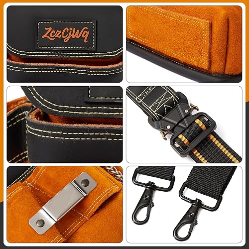 Miniatura 5 de Cinturón de herramientas, 9 bolsillos, cinturones de herramientas de cuero profesional con tirantes para hombres, cinturón de utilidad ajustable