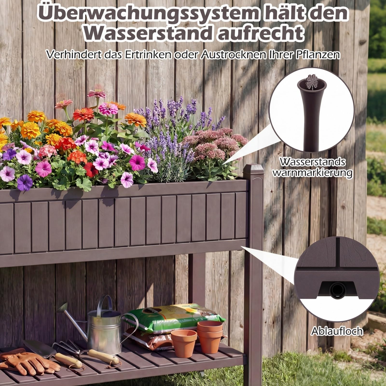 COSTWAY Hochbeet mit Rollen, erhöhtes Gartenbeet mit Ablage, Wasserstandsanzeiger & Ablauflöchern, Kräuterbeet Gemüsebeet, aus Kunststoff und Metall, Pflanztisch für Balkon Garten Terrasse, Braun
