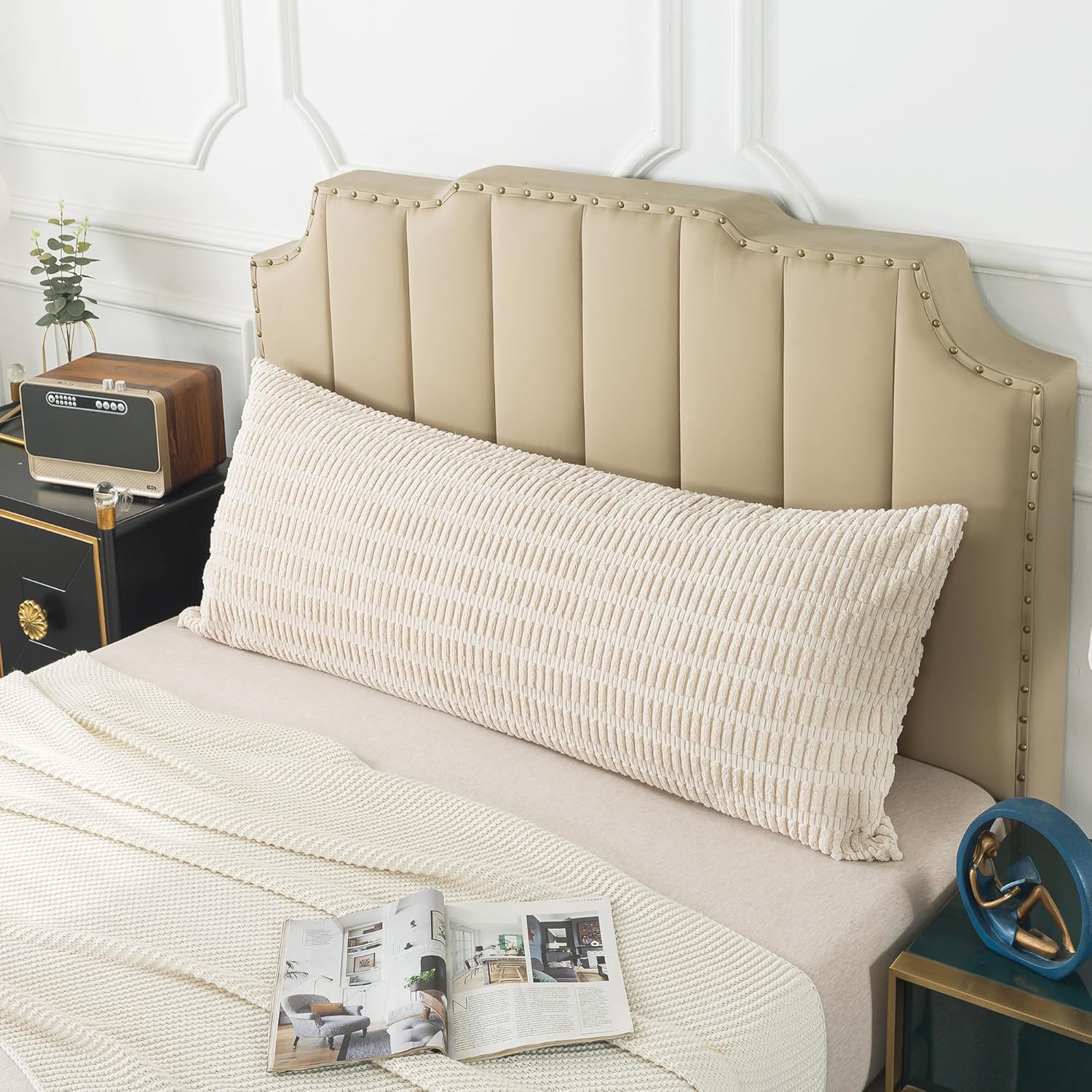 Pack of 1 Corduroy Soft Soild Decorative Square Body Pillow Covers Set Cushion Cases Pillowcases for Sofa Bedroom 20 x 54 Inch 51 x 137 cm (Body Size, Beige White) - Image 2