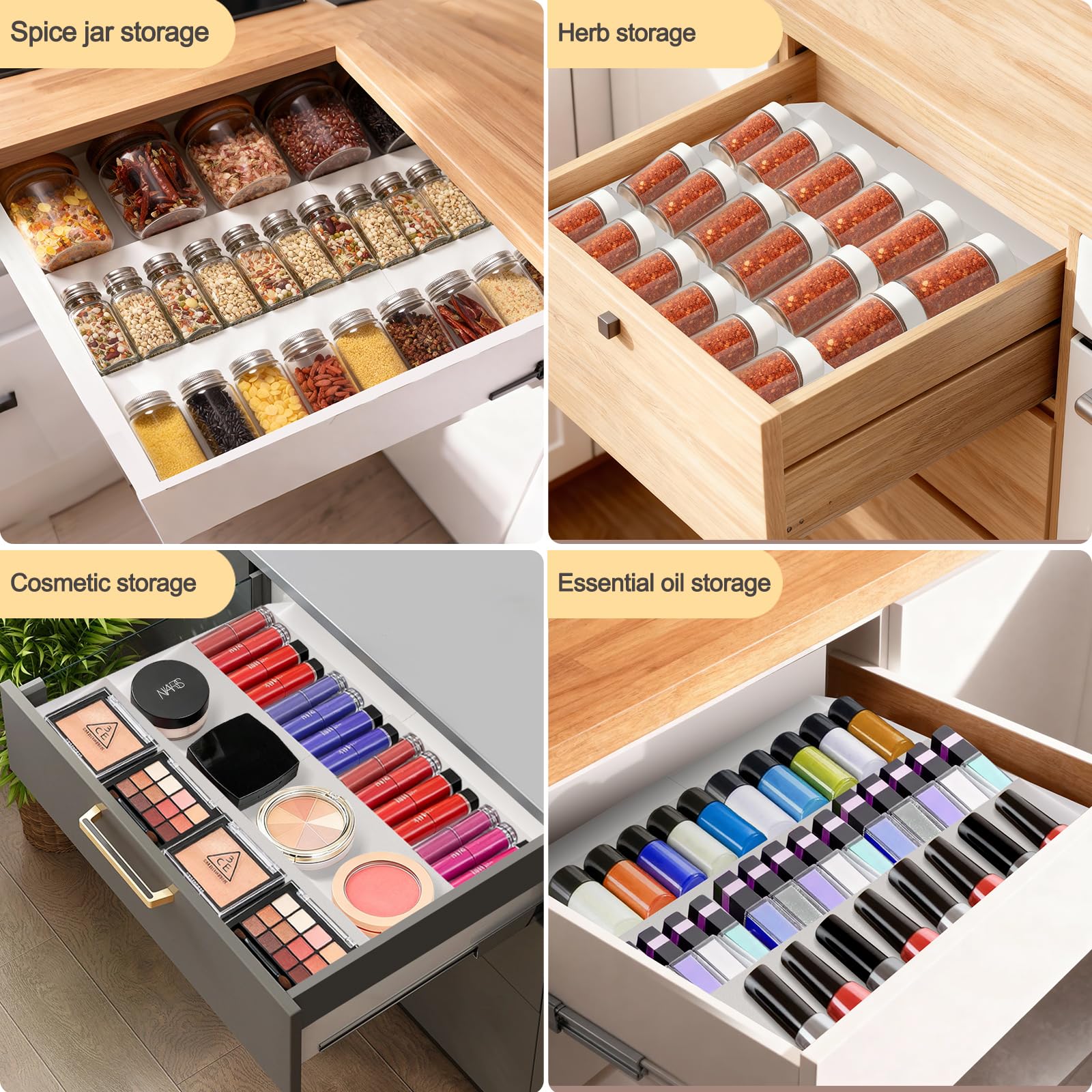 GOENDR Organizador de cajones de especias, estante de metal expandible de 4 niveles para cajón, inserto ajustable para cajones de especias para cajones de 11.4 a 22.8 pulgadas, gran capacidad para