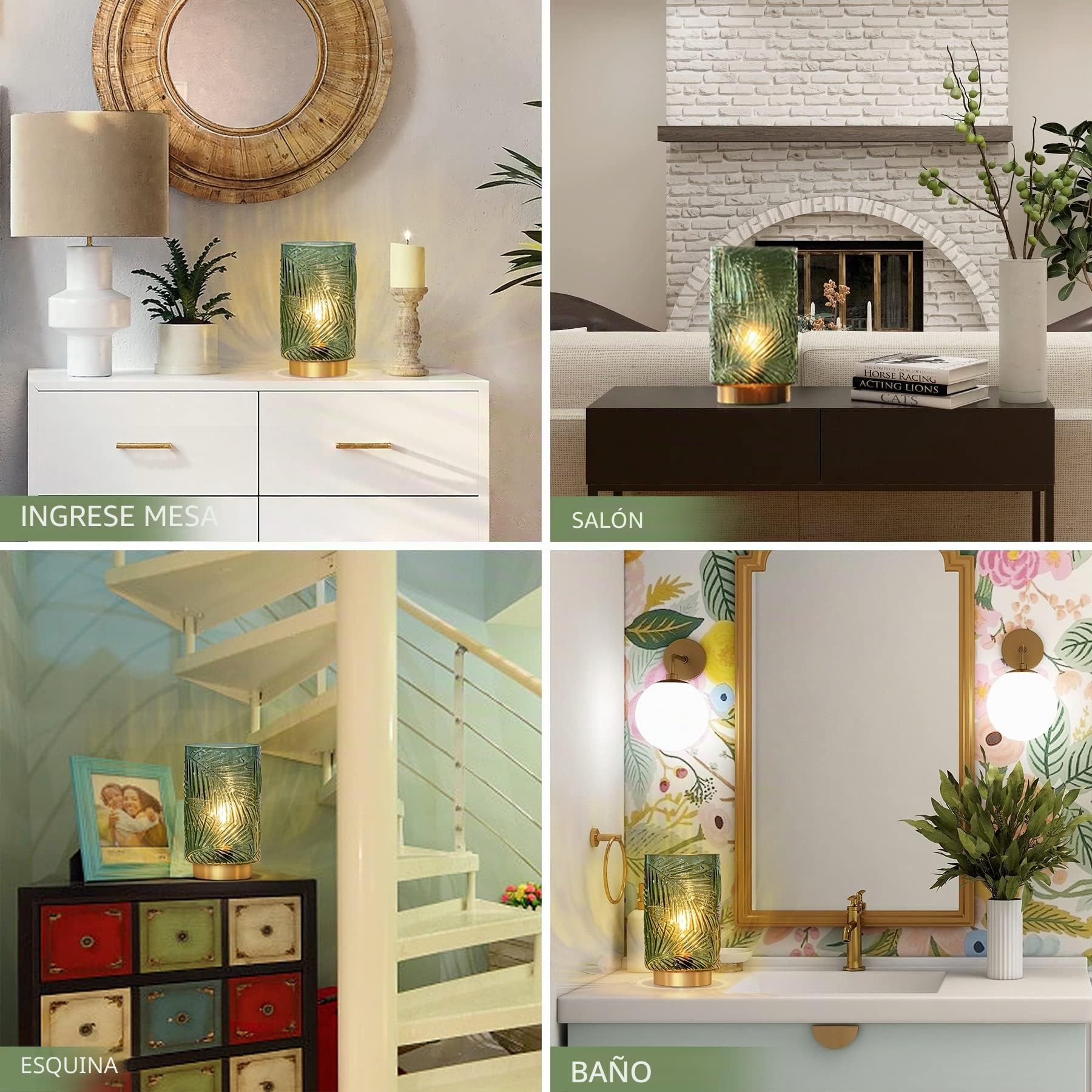 MJ PREMIER Lámpara de mesa inalámbrica, lámpara de mesa móvil de cristal con función de temporizador, lámpara de cristal sin cable para dormitorio, sala de estar (L-verde)