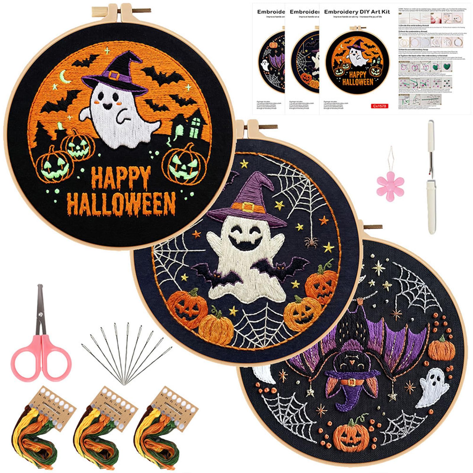 POETRYDRAW 3Pcs Halloween DIY Cotton Embroidery Kit with Embroidery Hoop Pre-Printed Pattern Needlework 29x29cm Starter Hand Stitch Kits for Beginners Adults (Halloween)
