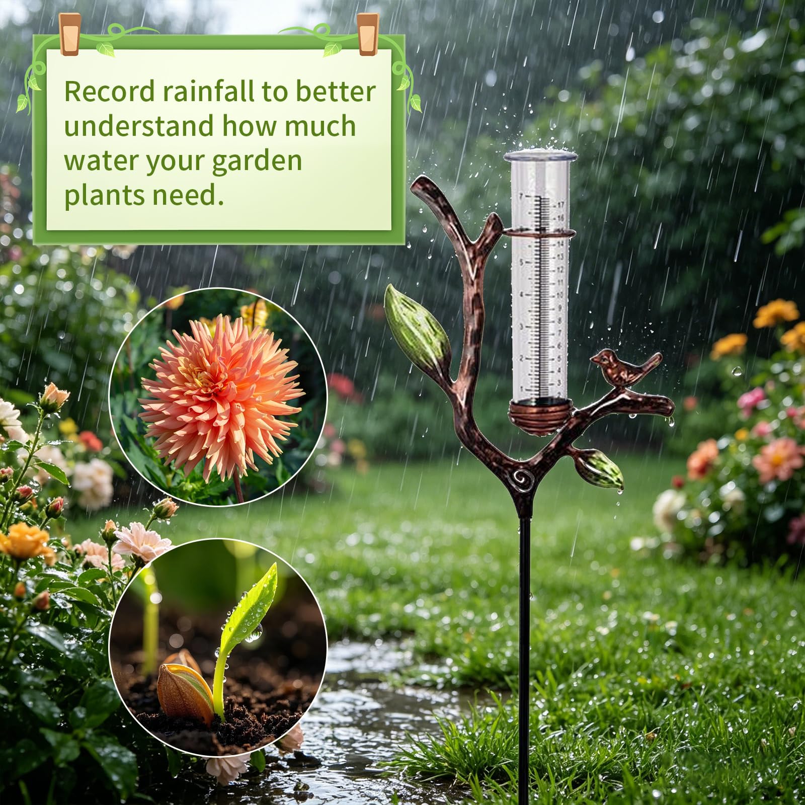 Regenmesser für Garten Gartendeko, Regenmesser Frostsicher, Niederschlagsmesser mit Stab für Garten Rasen Landschaft Terrasse Geschenk für Gartenliebhaber (Zweige Blätter)