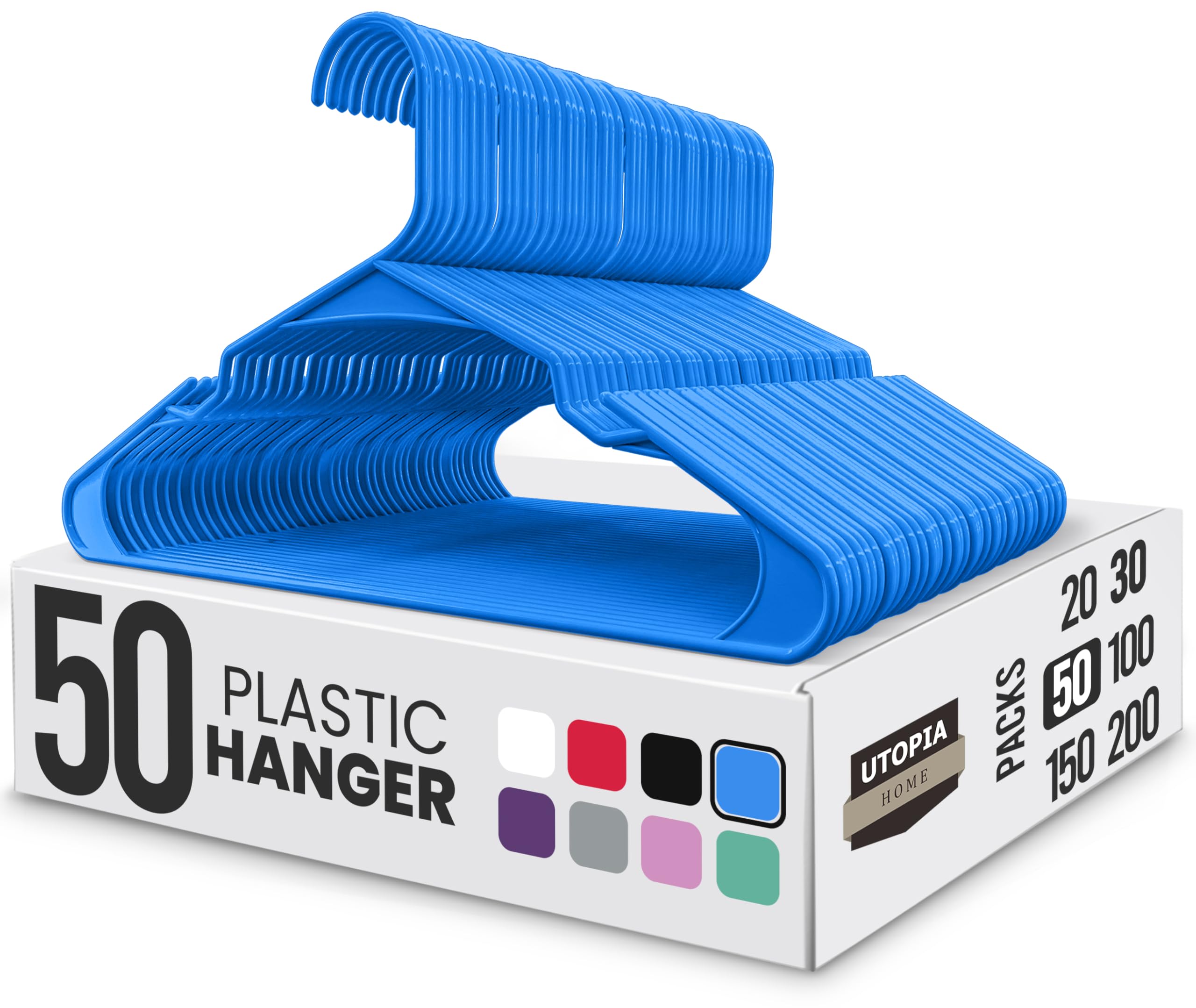Utopia Home Clothes Hangers 50 Pack - Plastic Hangers Space Saving - Durable Coat Hanger with Shoulder Grooves (Blue)
