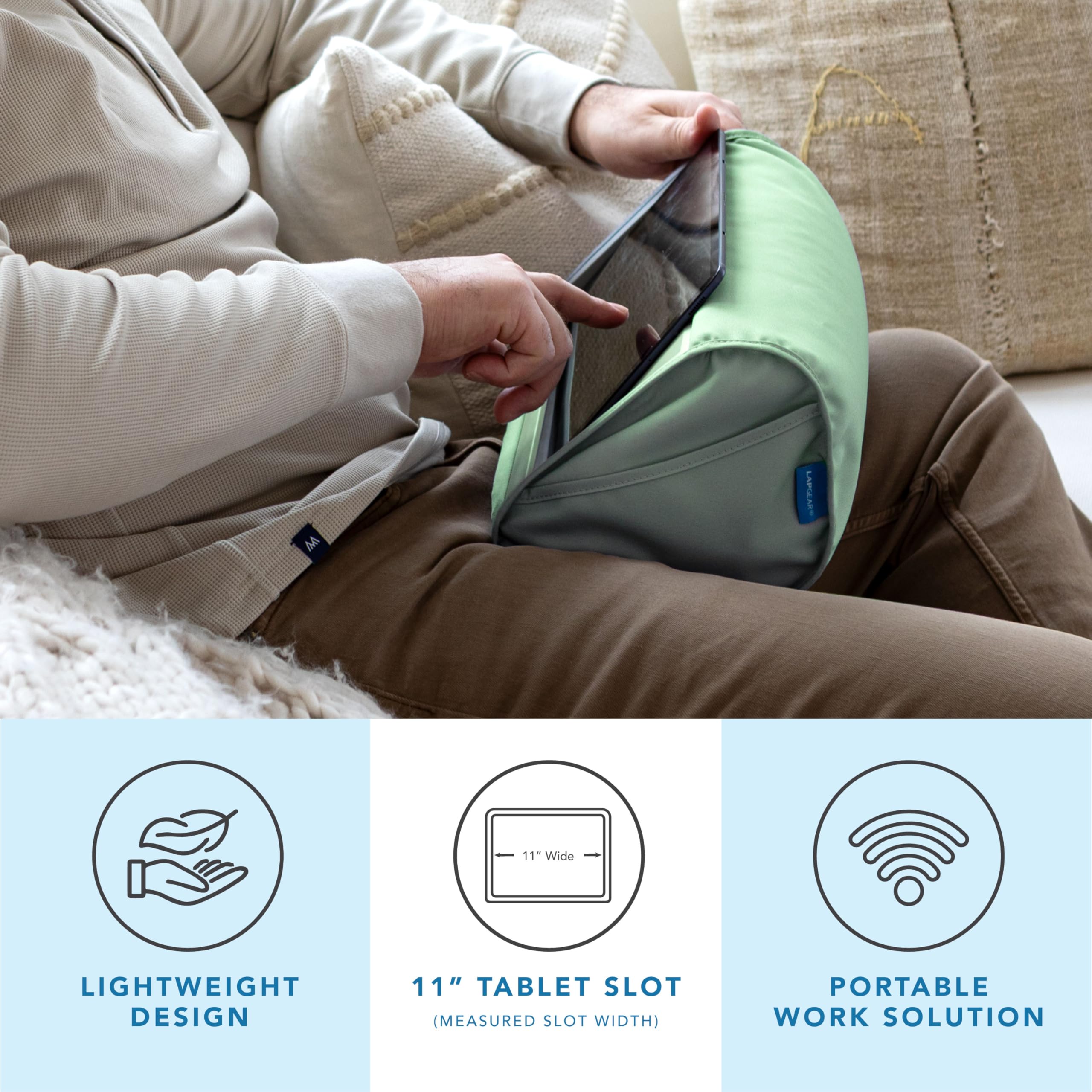LAPGEAR Tablet-Ständer – Platz für iPad, Galaxy Tabs, Kindle, E-Reader und Handys, gepolsterter Ständer mit Aufbewahrungstasche und Griff, Salbeigrün, Stil Nr. 33101