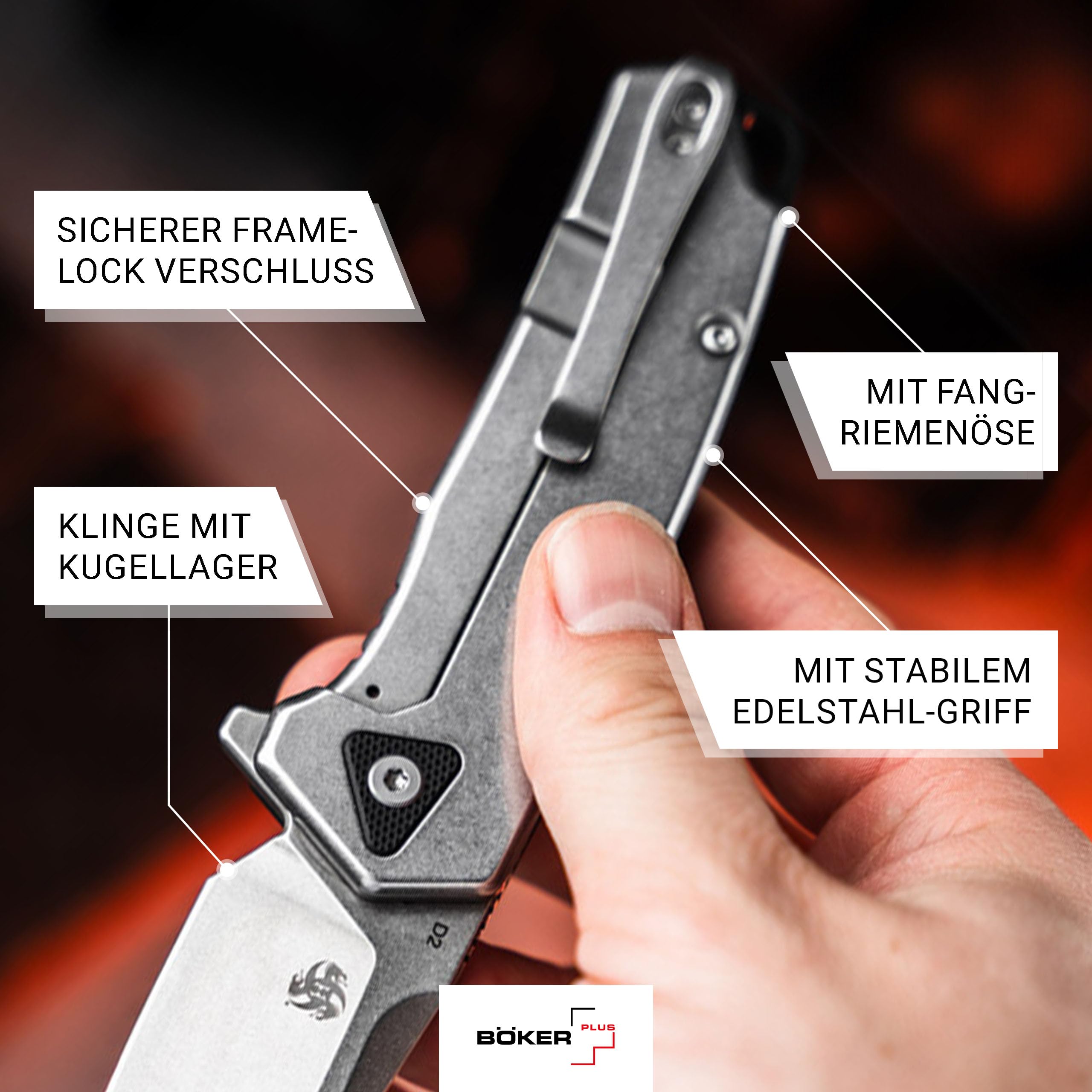 BÖKER PLUS® Gemtek Black G10 - Taschenmesser mit Flipper - Tactical Framelock Folder Knife - Einhandmesser mit D2 Droppoint Klinge legal - 1 Hand Klappmesser taktisch mit G10 Griff schwarz & Clip
