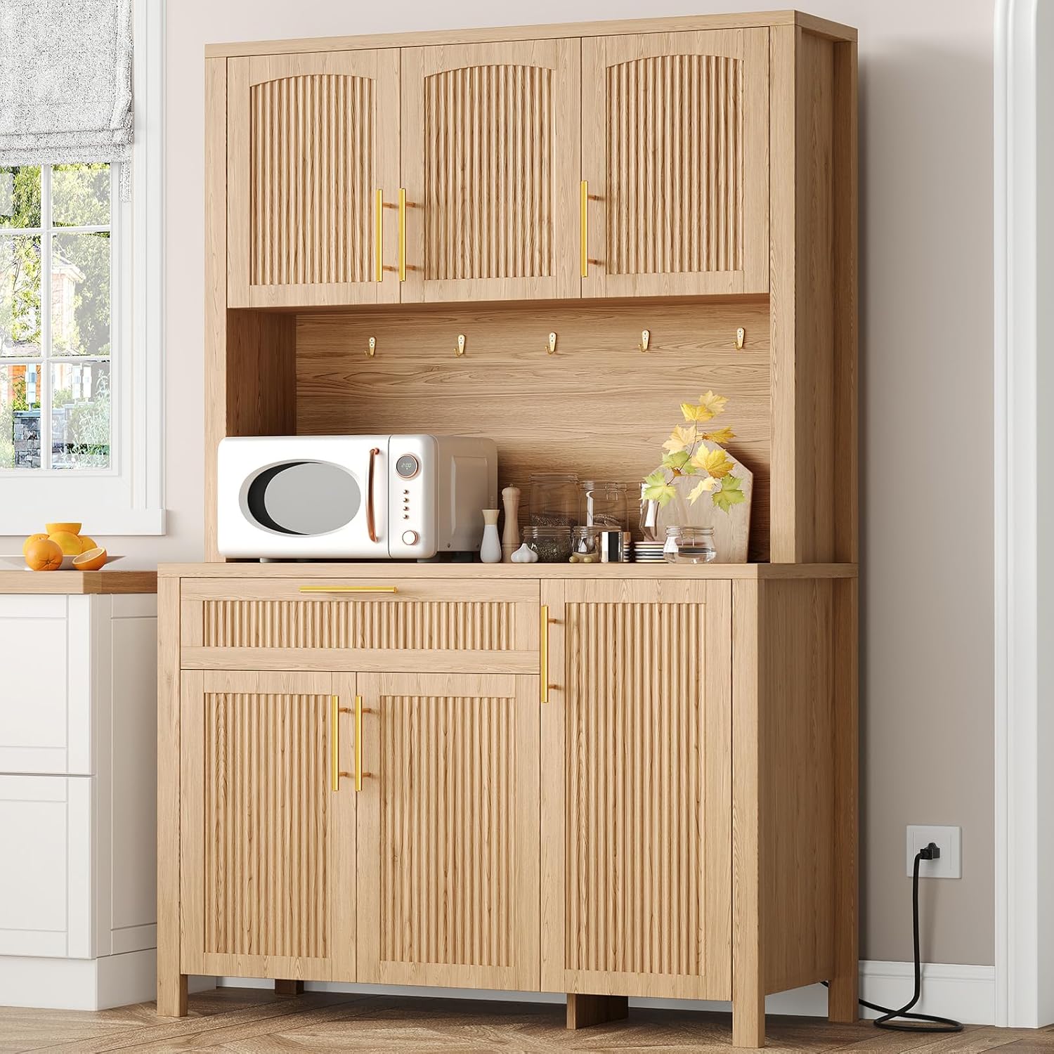 Fluted Kitchen Pantry Storage Cabinet with Charging Station, Coffee Bar Cabinet with Drawer & Adjustble Shelves, Tall Kitchen Hutch Cabinet with Microwave Stand, for Dining Room, Natural Oak