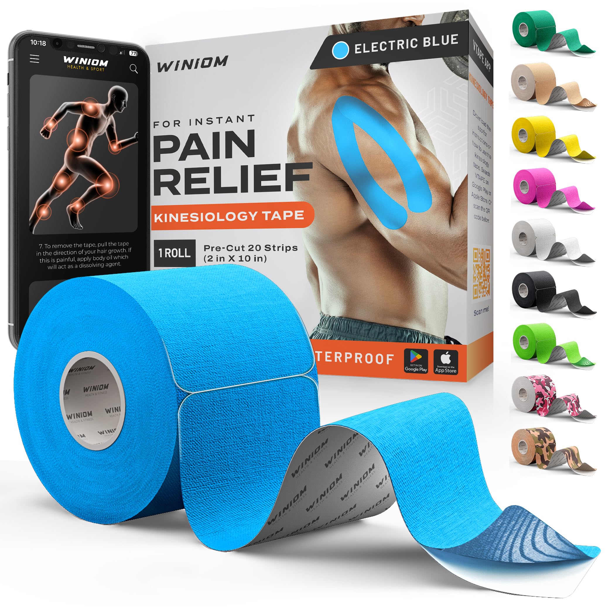 Kinesiology Tape - Waterproof Athletic Sports Tape for Knee, Shoulder, Arm &amp; Back Support | 3-5 Day Adhesion, Hypoallergenic &amp; Latex-Free + Taping Guide (Precut, 2"x16.4ft Roll, Electric Blue)
