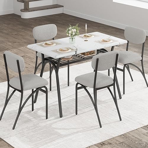 Miniatura 5 de GarveeHome Juego de mesa de comedor de 5 piezas para 4, mesa de cocina moderna con 4 sillas Boucle, mesa de comedor rectangular con estante de