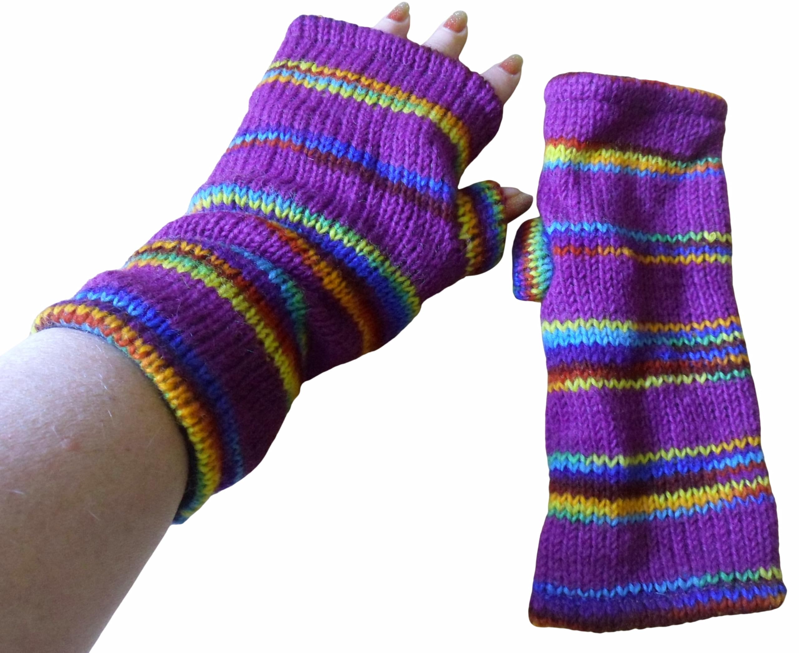 NATURAL FLOW Fair Trade Wool Rainbow Mix Fleece Lined Tube Fingerless Gloves Wrist Warmers (Purple & Rainbow)
