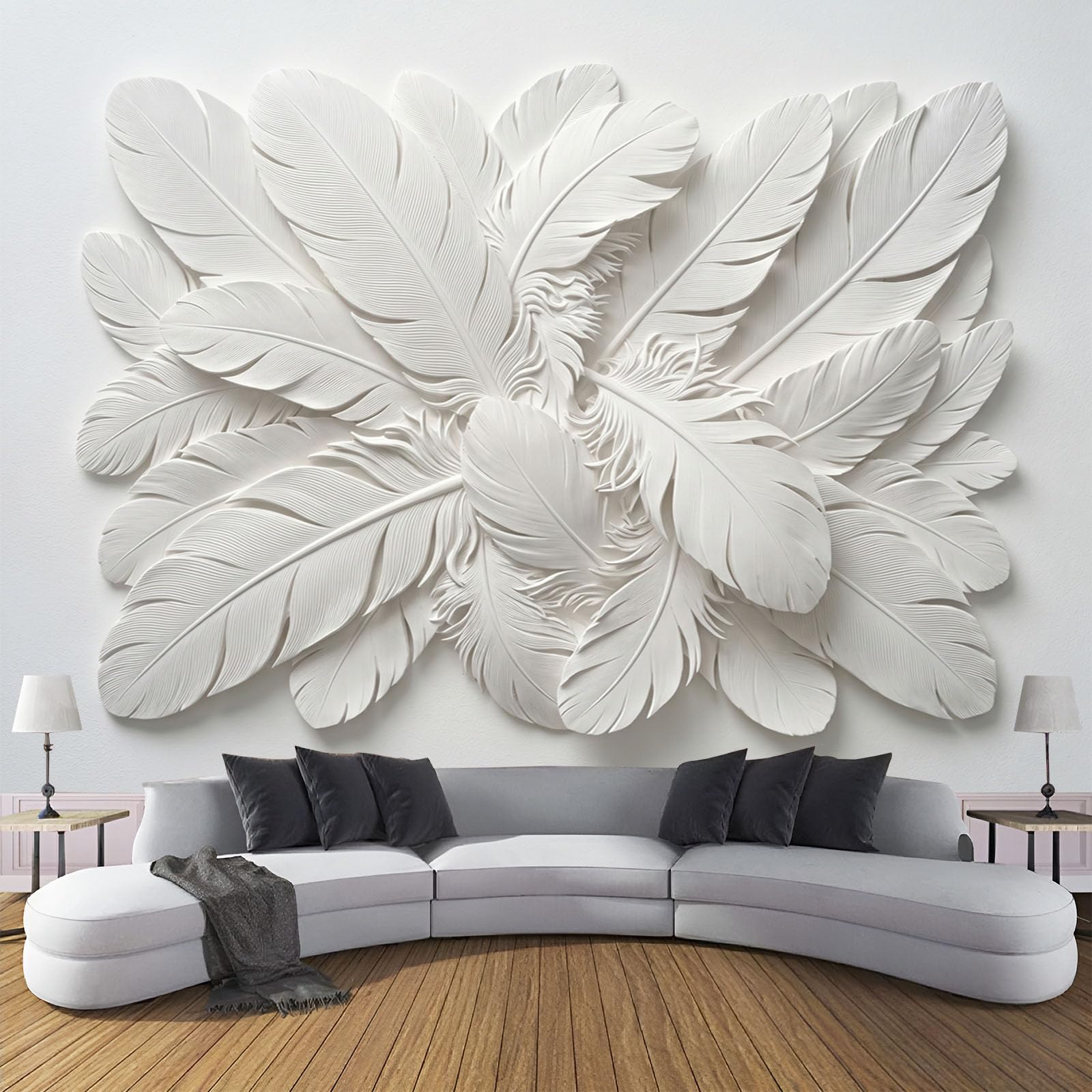 Fototapete Vlies Tapete 3D Effekt Fototapeten Minimalistisches 3D-Federrelief Vliestapete Einfarbige Federn Tapeten Creme Moderne Wandtapete, Wohnzimmer, Tv Hintergrund Deko, 250X175Cm (B×H)