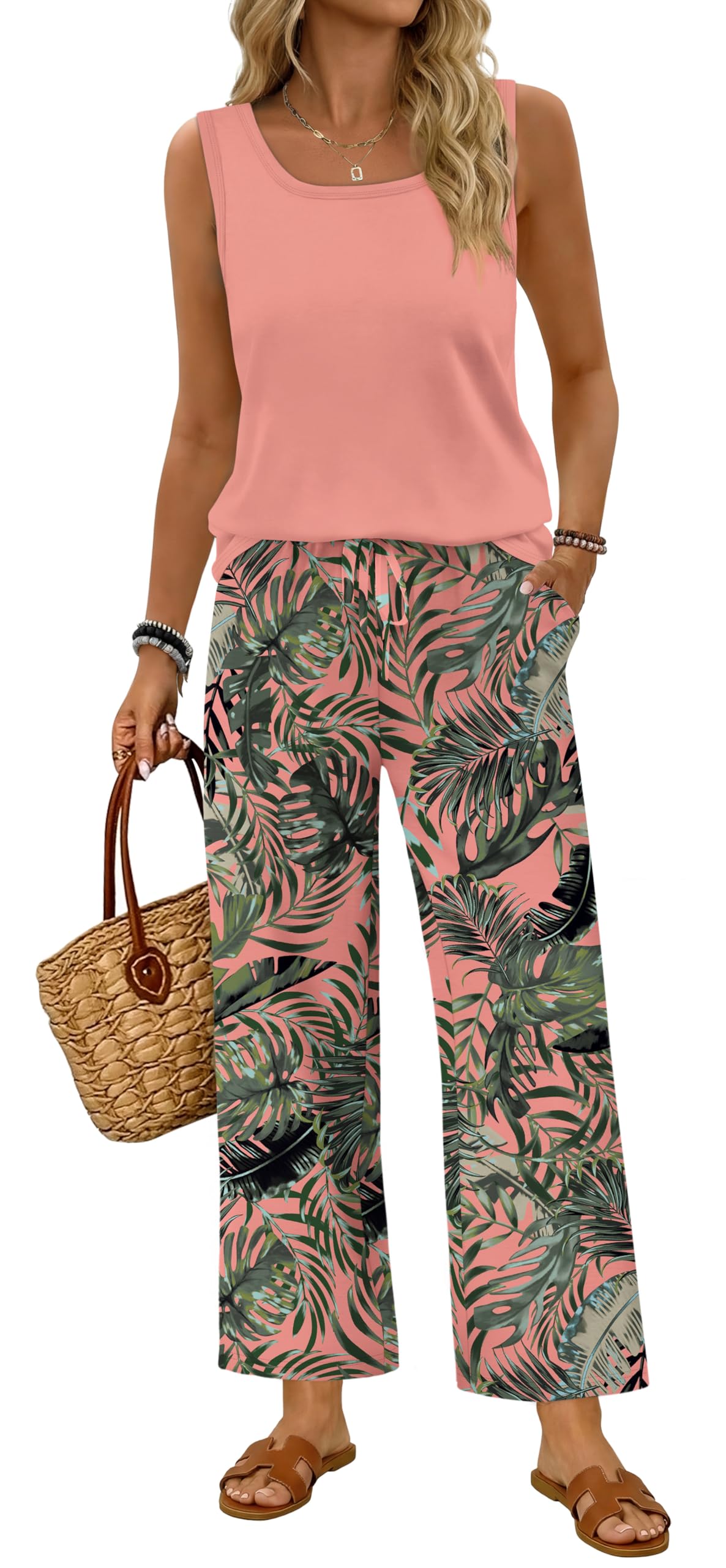 WIHOLL Two Piece Sets for Women Summer Spring Outfits Tank Square Neck Sleeveless Travel Vacation Lounge Wide Leg Pants Set — view 11