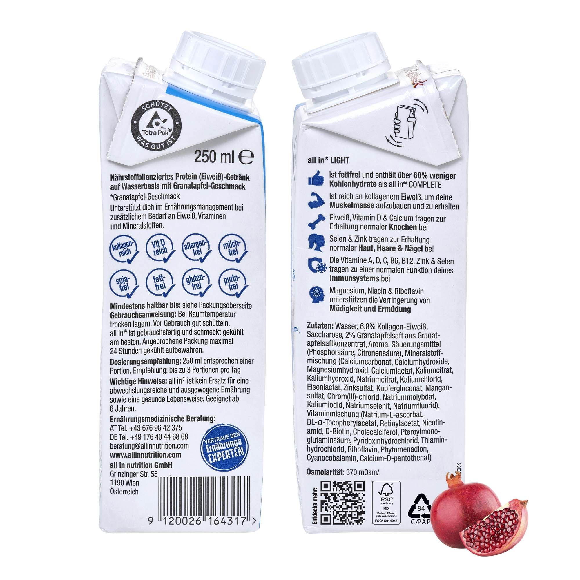 all in® LIGHT Protein Water Granatapfel 14 x 250 ml - Low Carb Vital Drink für Sport Workout oder zum Abnehmen | fettfreies Protein Wasser
