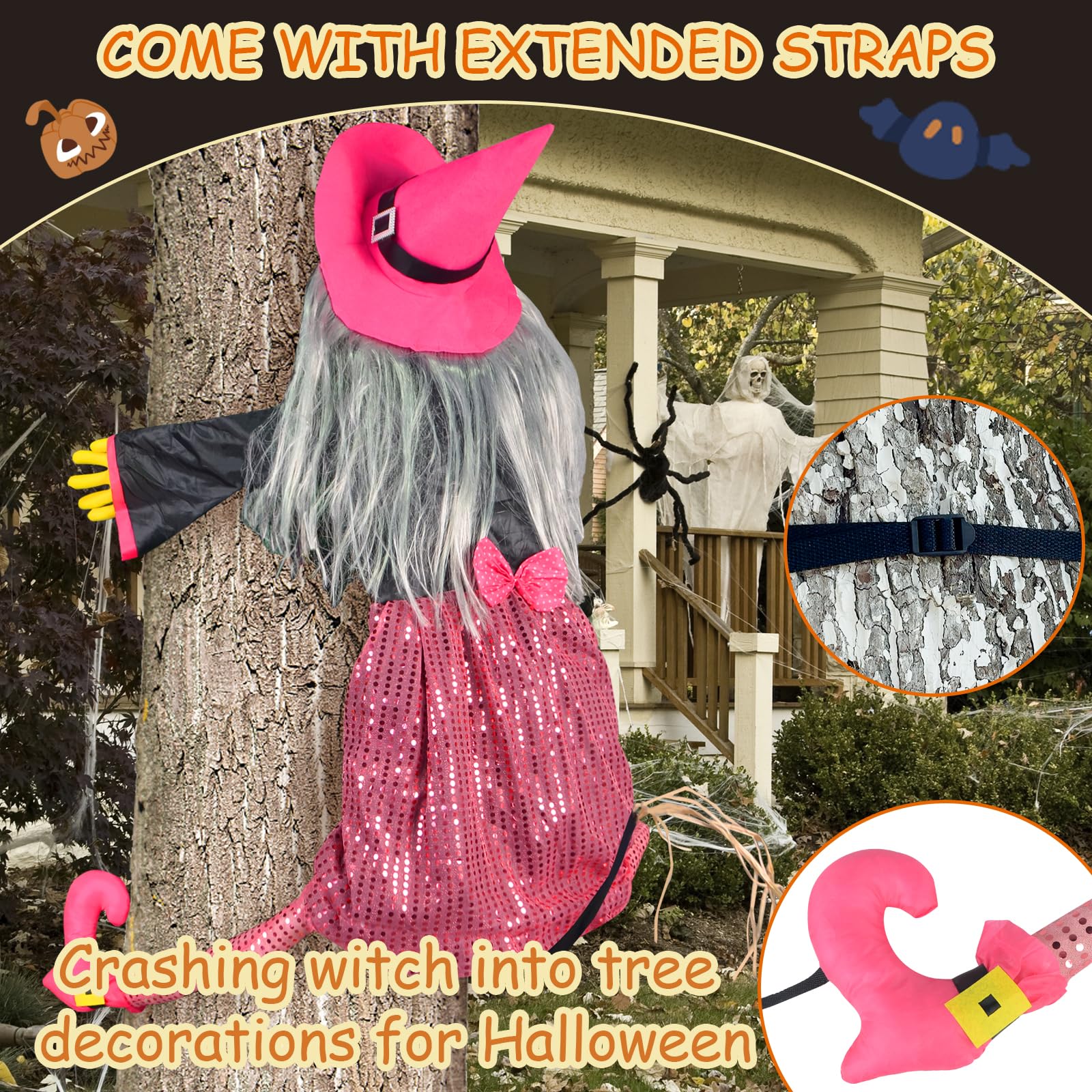 Mewcooss 67" Large Crashing Witch Halloween Decor - Pink Witch Halloween Decor Crashing into Tree Props Halloweens Flying Witches Decoration with Broom for Outdoor Backyard Garden & Lawn: Pink and Black