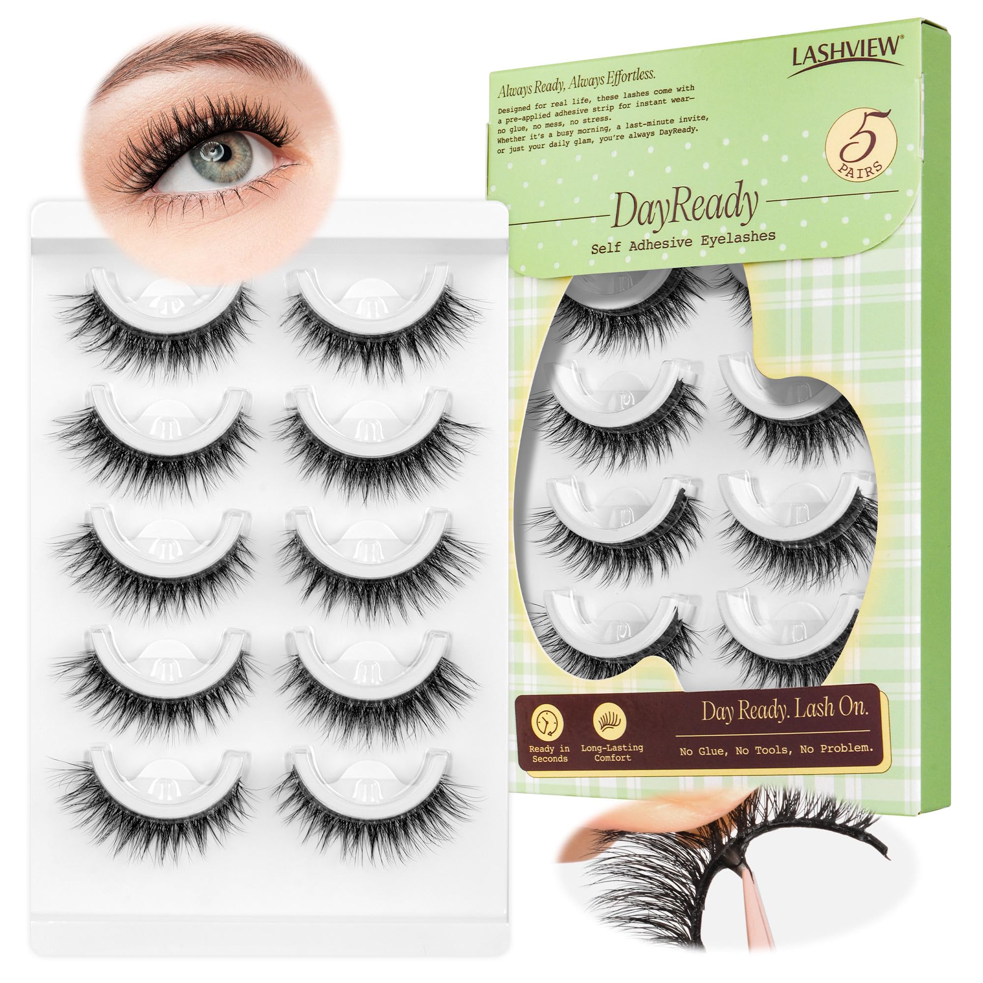 LASHVIEW Self Adhesive Eyelashes Natural Look Press On Lashes No Glue Need Eyelashes Reusable Cat Eye Wispy Self-adhesive False Lashes with Replacement Adhesive Strips 5 Pairs(CV122)
