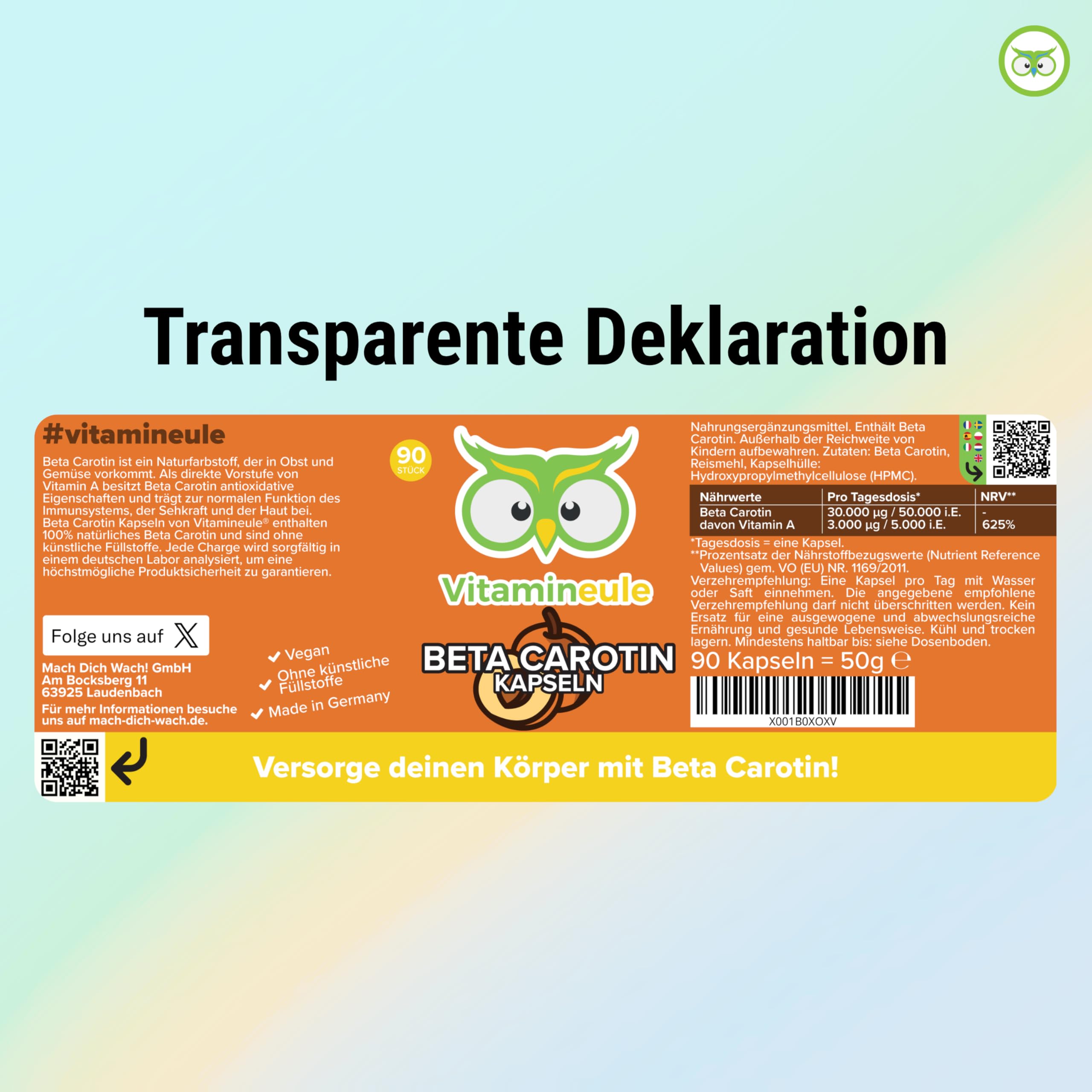 Beta Carotin Kapseln hochdosiert - 50.000 i.E. (30 mg) - aus Gemüse - Produktion in Deutschland - laborgeprüft & ohne Zusatzstoffe - bioaktiv & vegan - Kapseln statt Tropfen - Vitamineule®