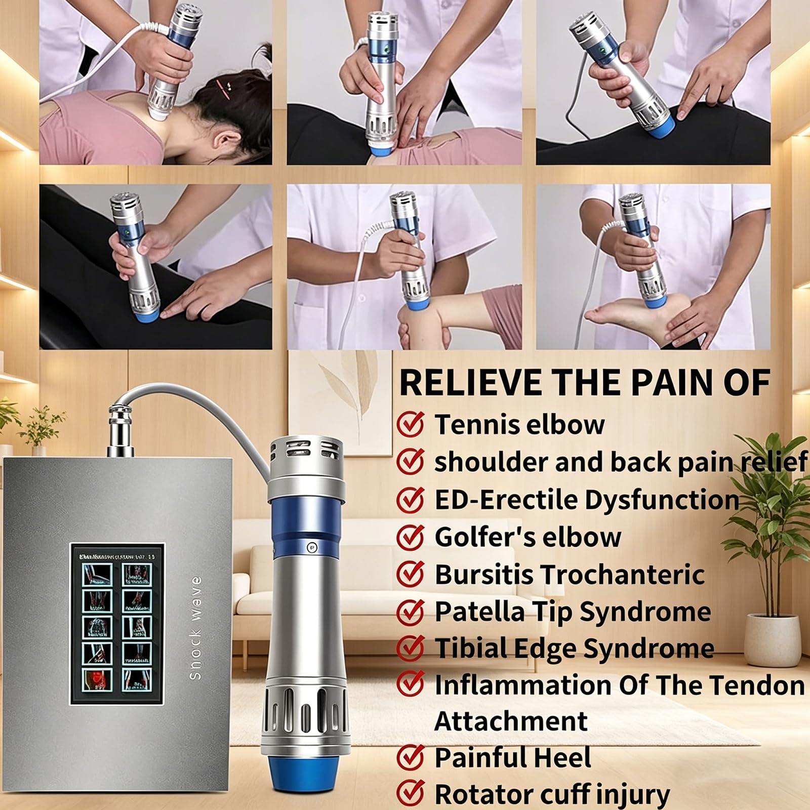Dispositivo de terapia de onda de choque, instrumento de fisioterapia con 7 cabezas de masaje, 10 funciones y energía ajustable de 60 a 200 mJ, para masaje muscular profundo