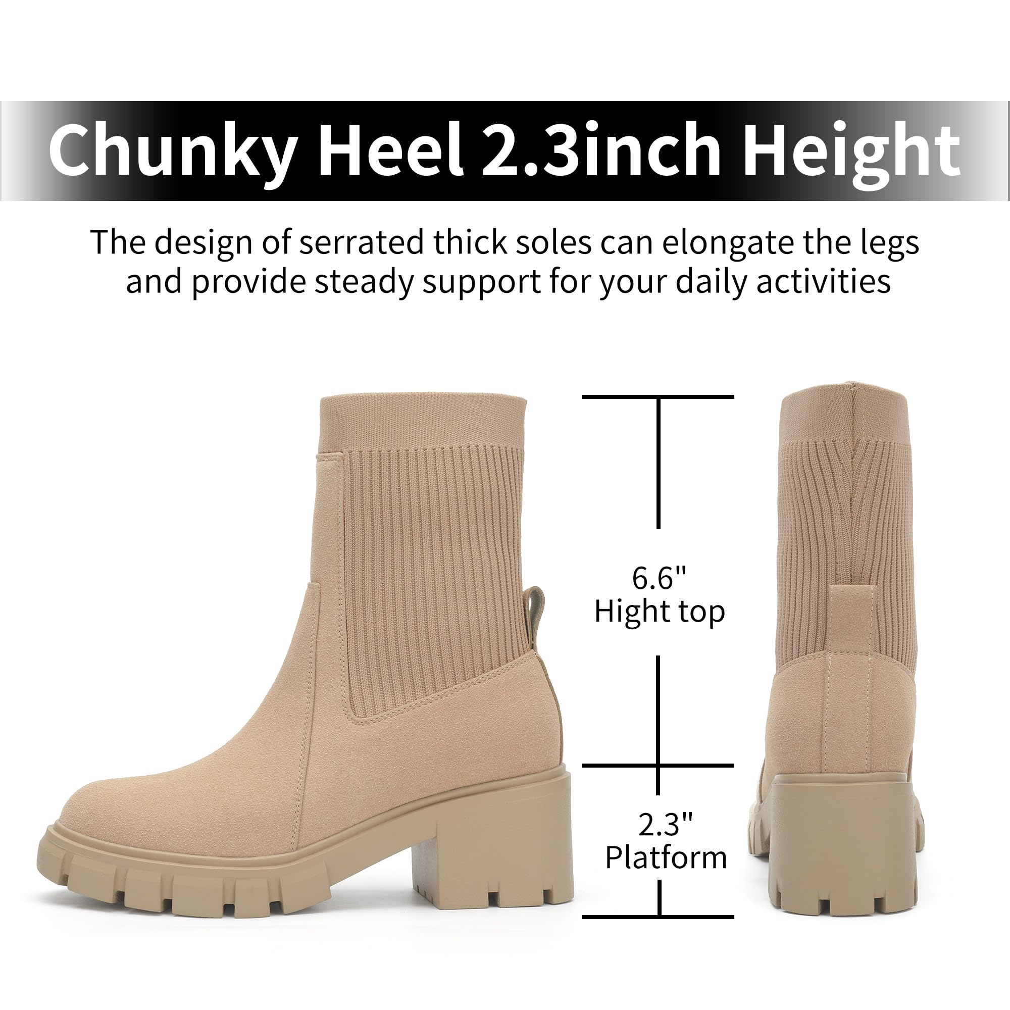YULVSHOE Women's Chelsea Boots Comfortable Slip On Elastic Block Heel Platform Lug Sole Fashion Ankle Booties Nude 8 image_3