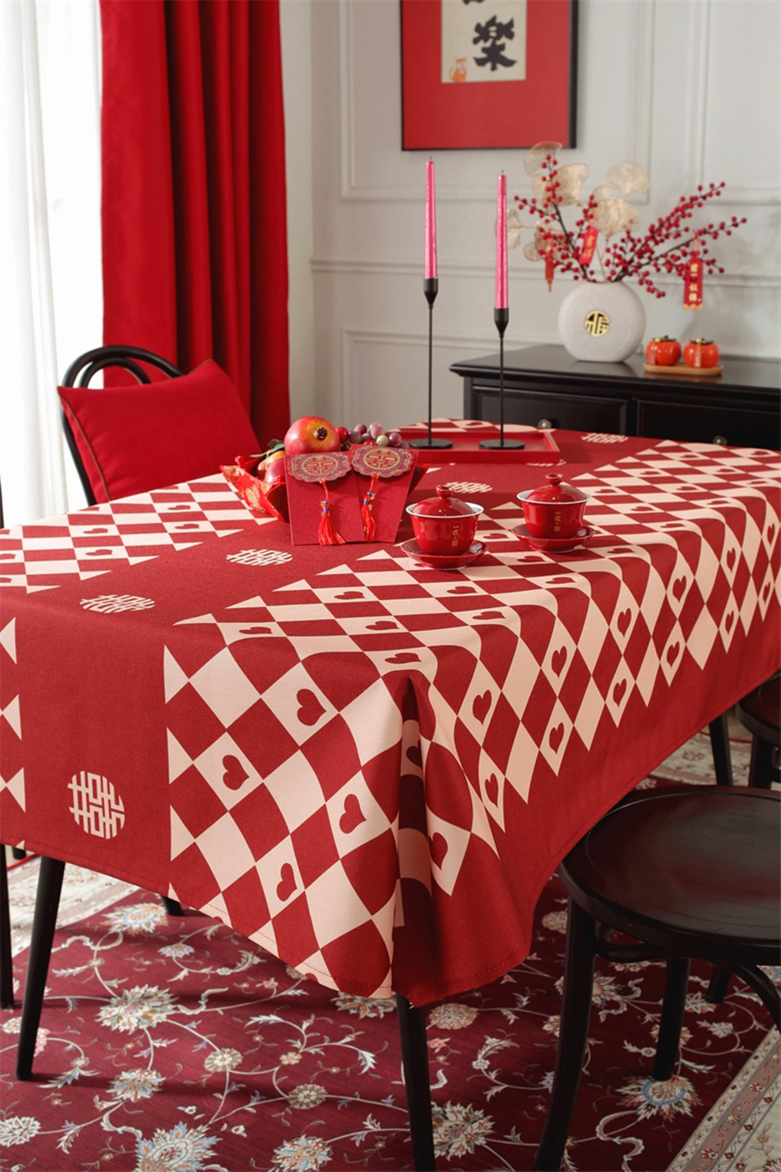 Tovaglia Da Tavolo Moderne, Poliestere Reticolo di rombo con motivo a cuore Tovaglia per Casa e Cucina, Tovaglia Elegante per Picnic, Rosso, Stile 1, 135 x 200 cm