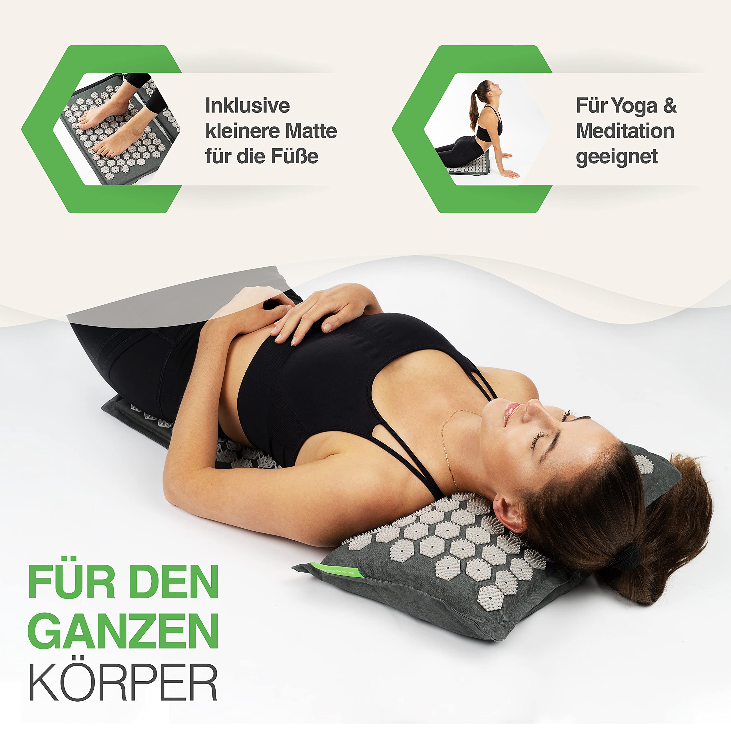 BACKLAXX Akupressurmatte Set mit Kissen, Tuch & Tasche | XL Akupressur-Matte - 120% mehr Fläche | Akupunktur-Matte mit Stacheln zur Massage | Akkupressmatte für Nacken & Schulter | Massagematte Rücken