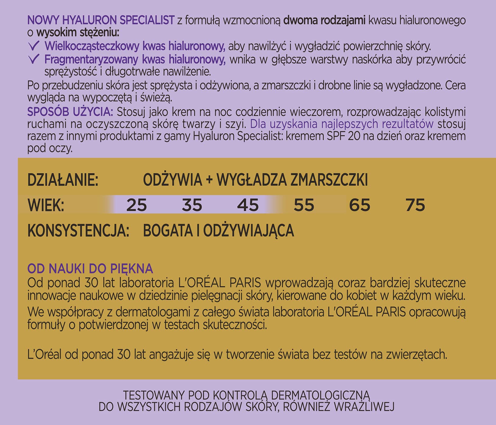 L'Oréal Paris Hyaluron Specialist nawilżający krem do twarzy na noc 25+, dwa rodzaje kwasu hialuronowego, 50 ml
