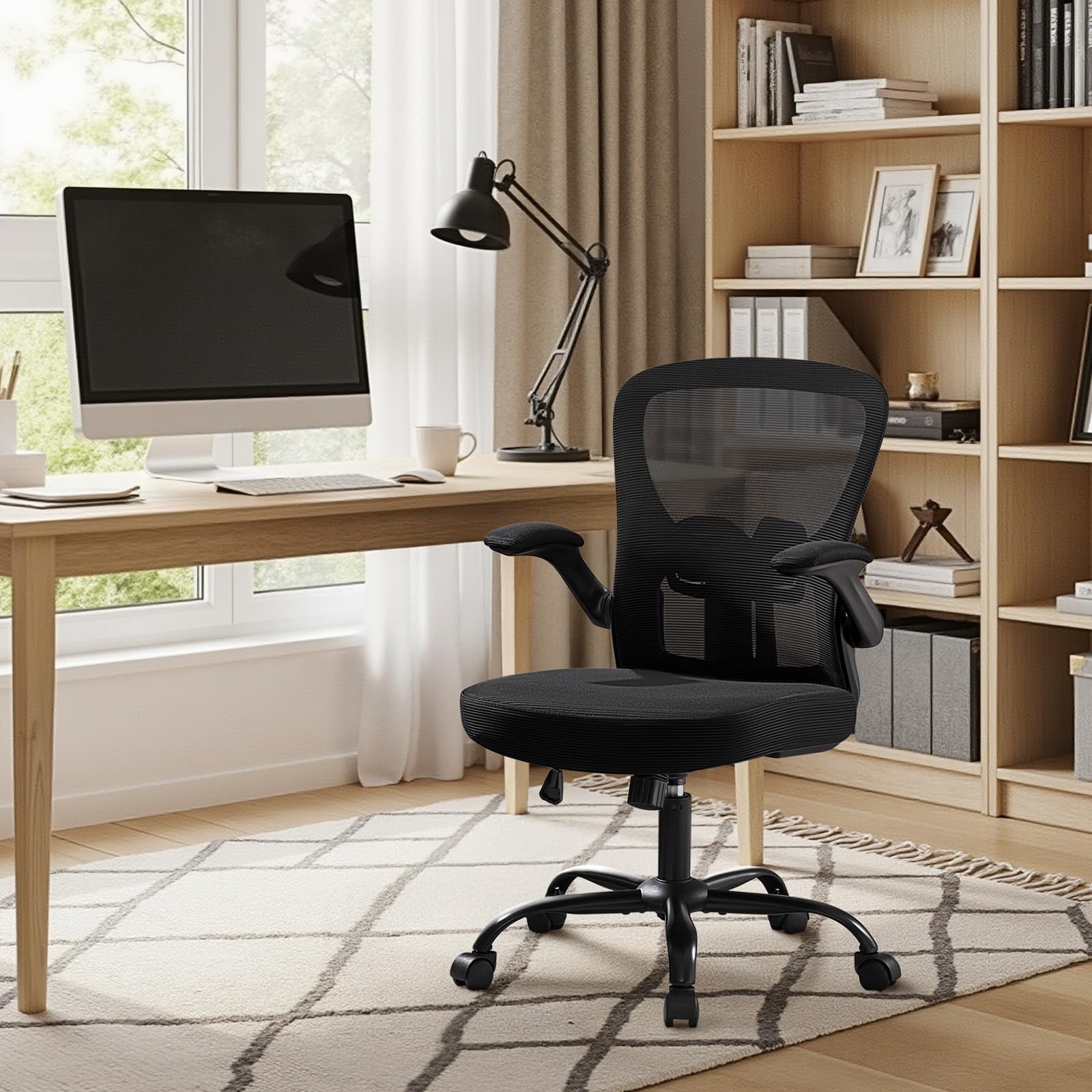 Yaheetech Sedia Ufficio Scrivania Ergonomica con Supporto Lombare Nera | Rete Traspirante Supporto Lombare Braccioli Regolabil Ruote Girevoli Funzione Dondolo Portata 136 KG per Ufficio Camera