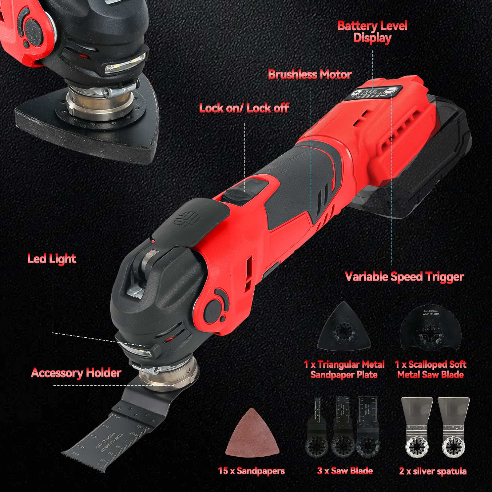 Utensili oscillanti multifunzione per batteria Milwaukee 18 V, strumento oscillante senza spazzole con accessori da 22 pezzi, 5 velocità variabili, angolo di oscillazione 4° (senza batteria)