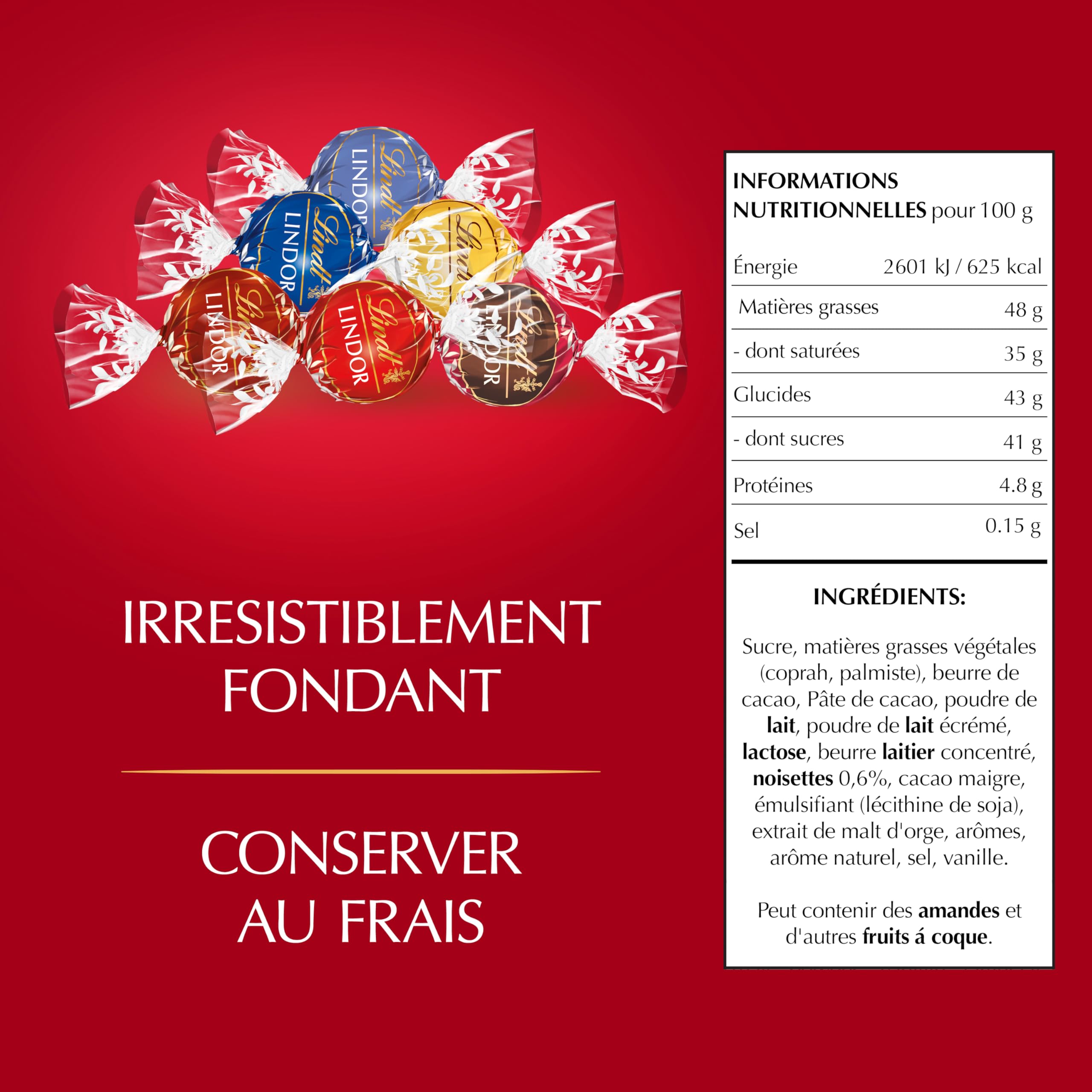 Lindt Boîte LINDOR Édition Saint-Valentin Assortiment Lait Noir 45% Blanc 930g