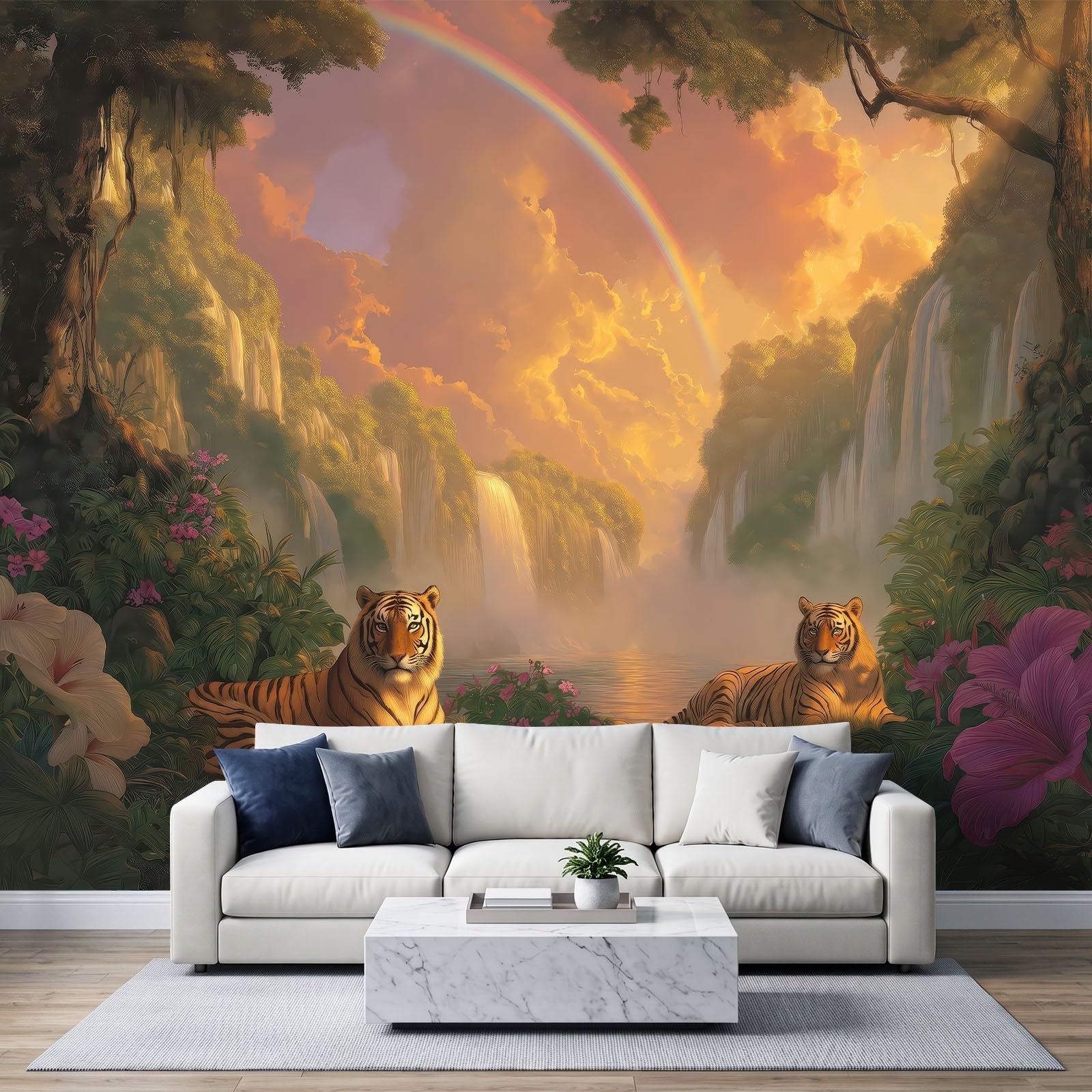 Tapeta 3D efekt panoramiczny obraz ścienny 200 x 140 cm fantastyczne zwierzęta tygrysy dżungla tapeta gobelin panoramiczny plakat salon dekoracja ścienna do pokoju dziecięcego, żółty i niebieski