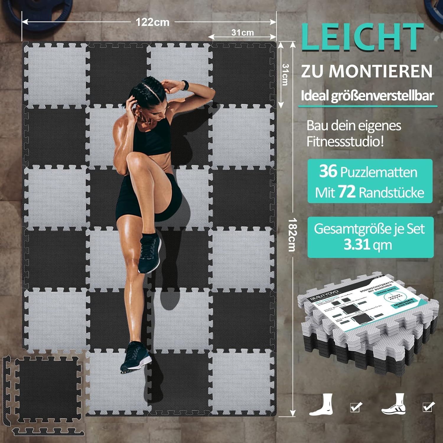 BEAUTYOVO Mata ochronna na podłogę do fitnessu (31 x 31 cm] – 24 maty puzzli – mata sportowa EVA, mata do fitnessu, antypoślizgowa, mata podłogowa do siłowni i sprzętu fitness, mata chroniąca przed