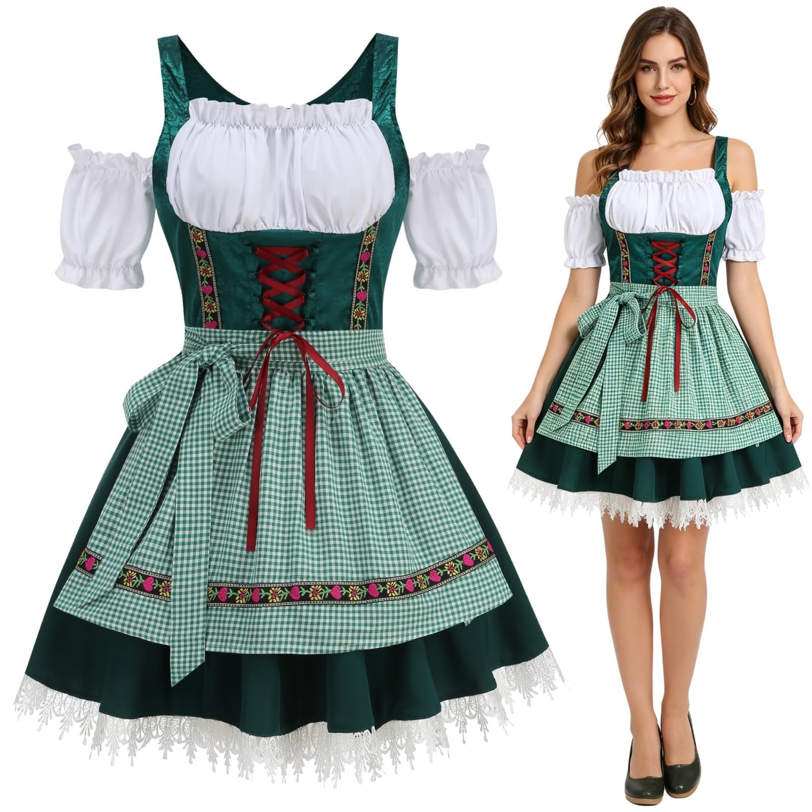 Oktoberfest Outfit Women Off-Shoulder Traditional Bavarnian Short Sleeve Off Shoulders German Beer Maid Costume with Embroidery for Oktoberfest, Halloween & Themed Parties (Green Gingham, XL)