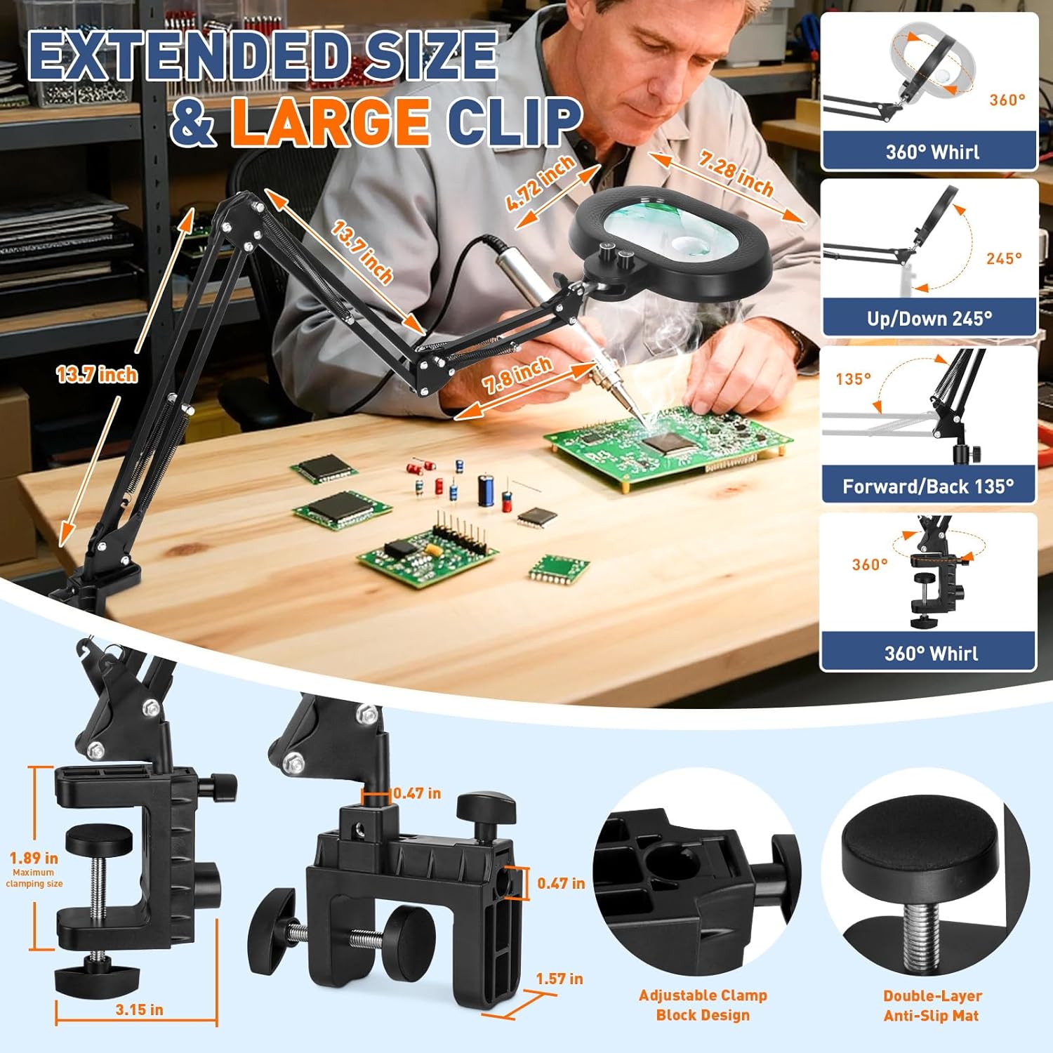 KIRKAS 12X&30X Magnifying Glass with Light Three-axis Rotation, Extra-Long Arm Magnifying Lamp for Workbench Sewing, Lighted Magnifier Real Glass Lens Stepless Dimming and Color(12X&30X Oval Clamp)