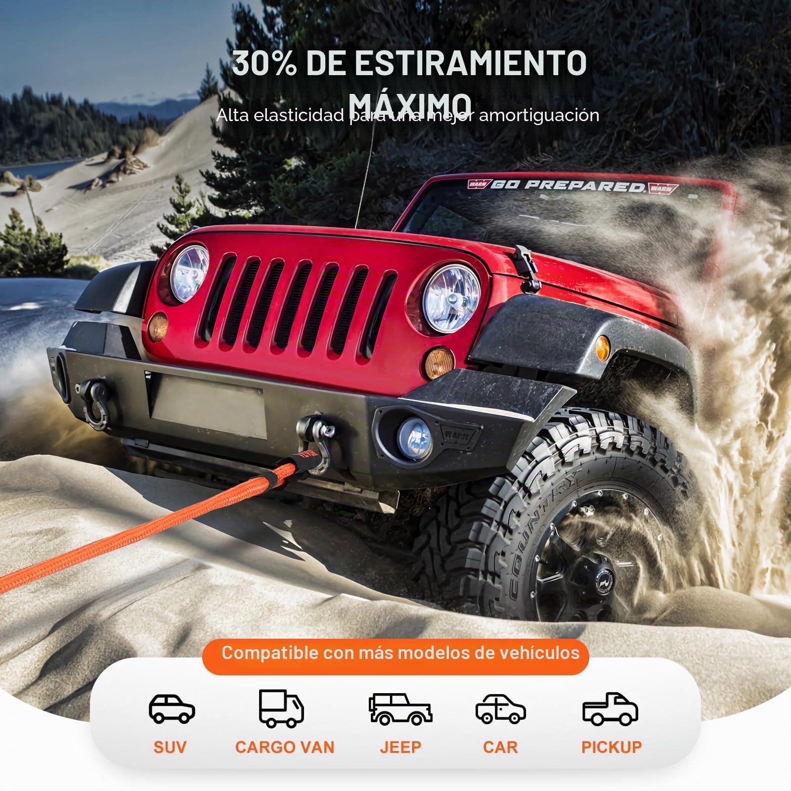 VEVOR Cuerda de Remolque de recuperación cinética de 7/8 Pulgadas x 20 pies, 30 Libras, Correa de Arranque Todoterreno Resistente, 30% de Elasticidad, Correa de Arranque de energía para Jeep, Coche,