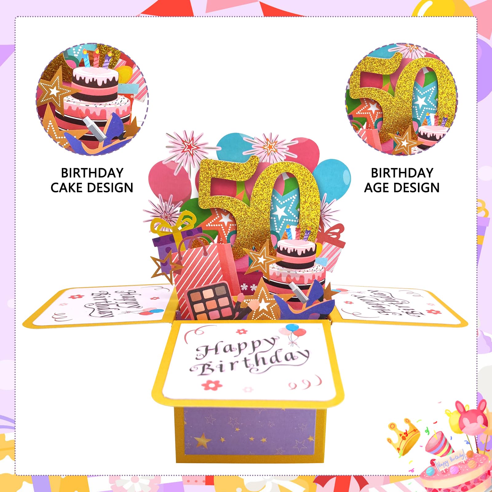 Purple 50th Happy Birthday Pop Up Card, 50th Pop Up Cards Birthday