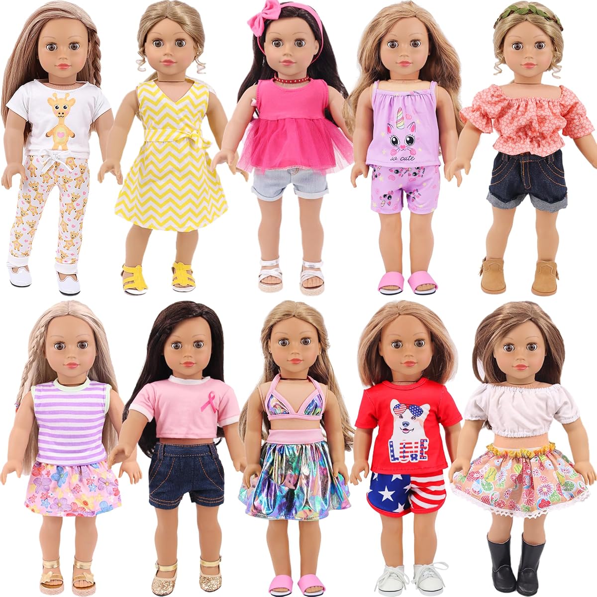 10 Set 18 Inch Doll Clothes Accessories Daily Outfits | 10 Complete Daily Sets Of Clothes; Tops, Pants, Swimsuits, Pajamas, Skirts & Dresses Included; Fits 18 Inch Girl Dolls