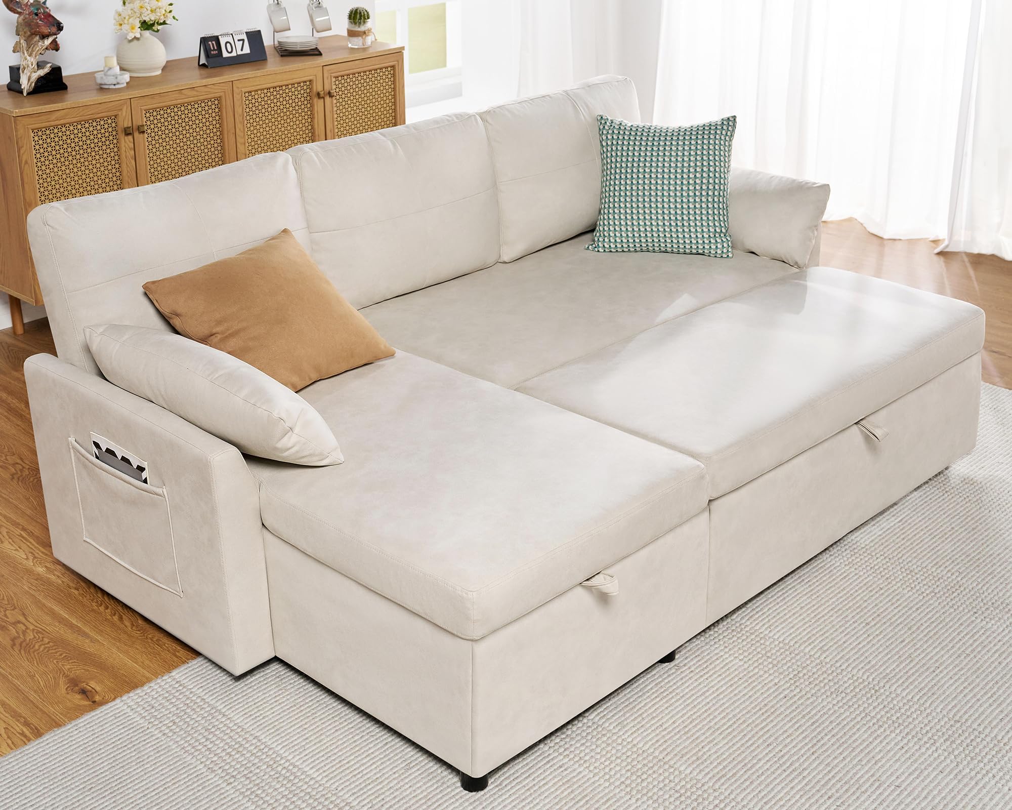 Sofa Bed, Sofa Sleeper with Storage Chaise, L Shape Pull Out Couch Bed, Oversized Sofas for Living Room-Off-White Leathaire