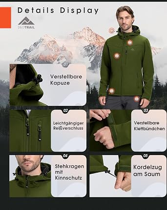 Softshell Jacket Men's Waterproof Transition Jacket Breathable Rain Jacket Warm Winter Fleece Jacket Lightweight Cycling Jacket Hiking Jacket Functional Jacket Running Jacket with Hood