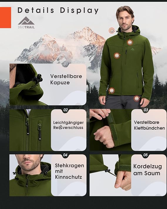 Softshell Jacket Men's Waterproof Transition Jacket Breathable Rain Jacket Warm Winter Fleece Jacket Lightweight Cycling Jacket Hiking Jacket Functional Jacket Running Jacket with Hood
