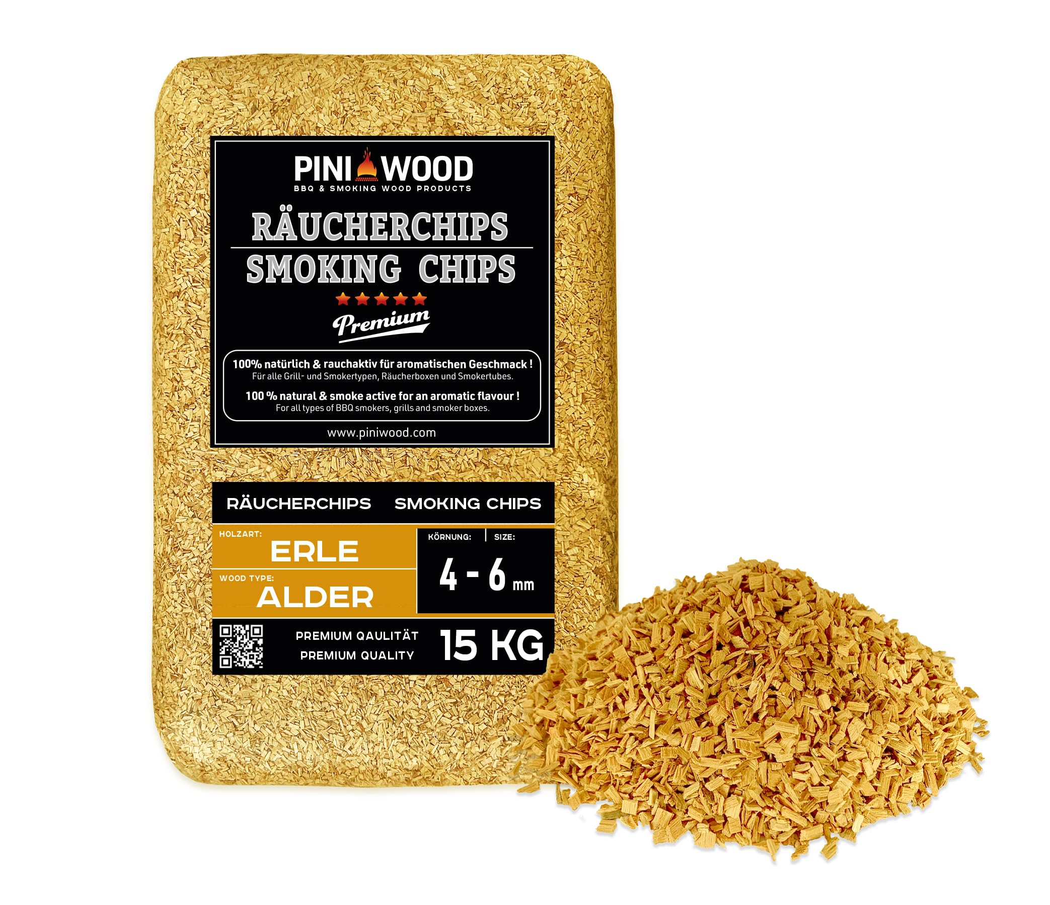 PINI 15 Kg Räucherchips Erle ohne Rinde 4-6 mm Smoking Chips Räucherspäne