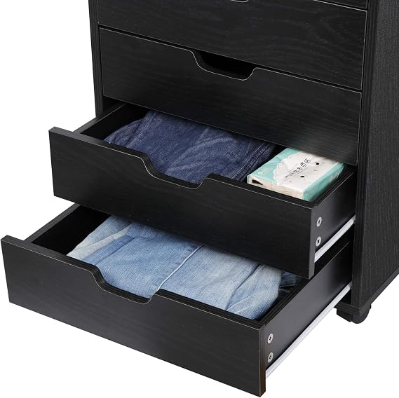 5 Drawer Chest Storage Cabinet Dresser, Wood Nightstand, Mobile Organizer Drawers for Office Bedroom Hallway Entryway Closets,Black