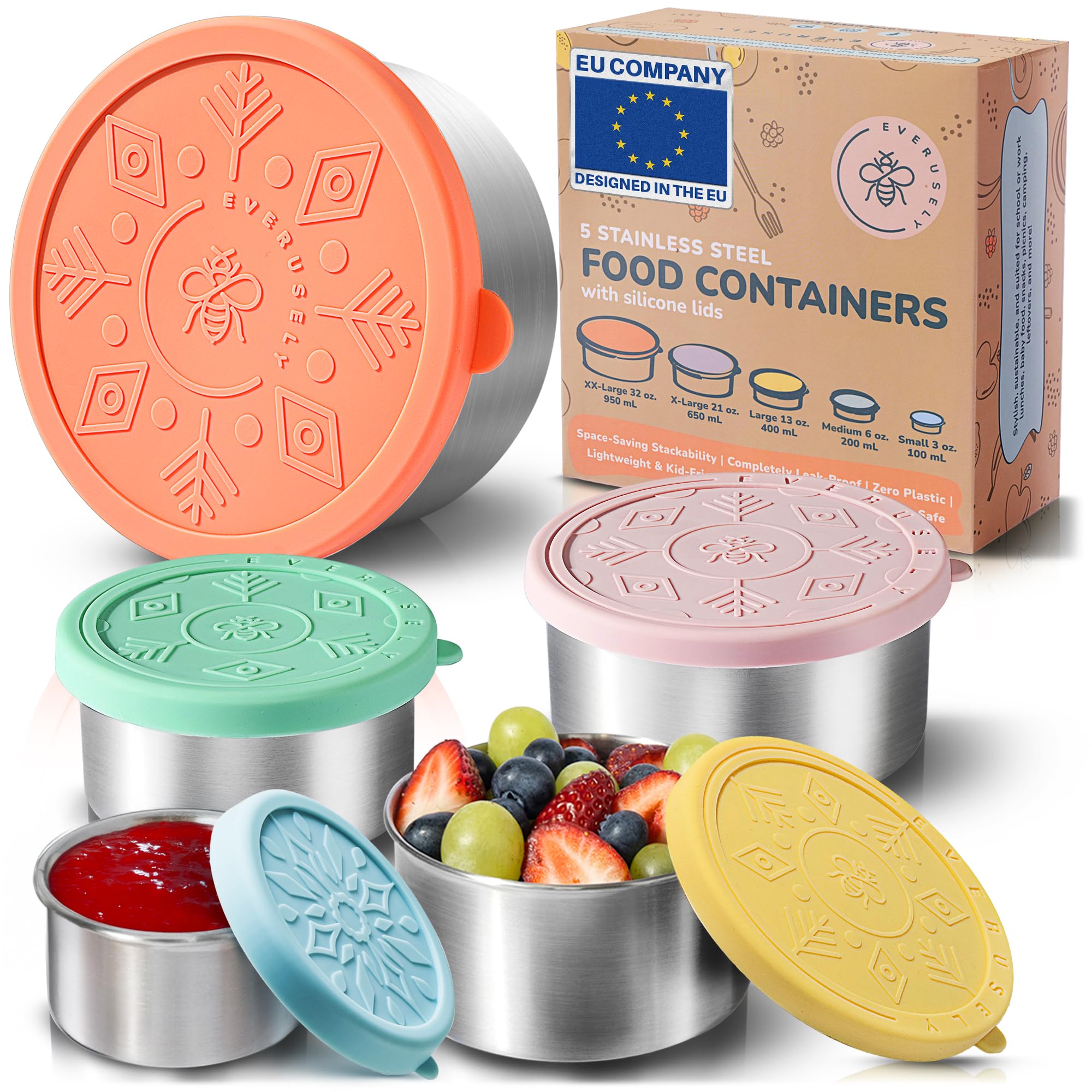Everusely - Contenitori In Acciaio Inossidabile Con Coperchi - Set Di 5, Collezione Bright - Contenitori Per Alimenti In Acciaio Inossidabile A Tenuta Stagna - Contenitori Per Snack Impilabili-image