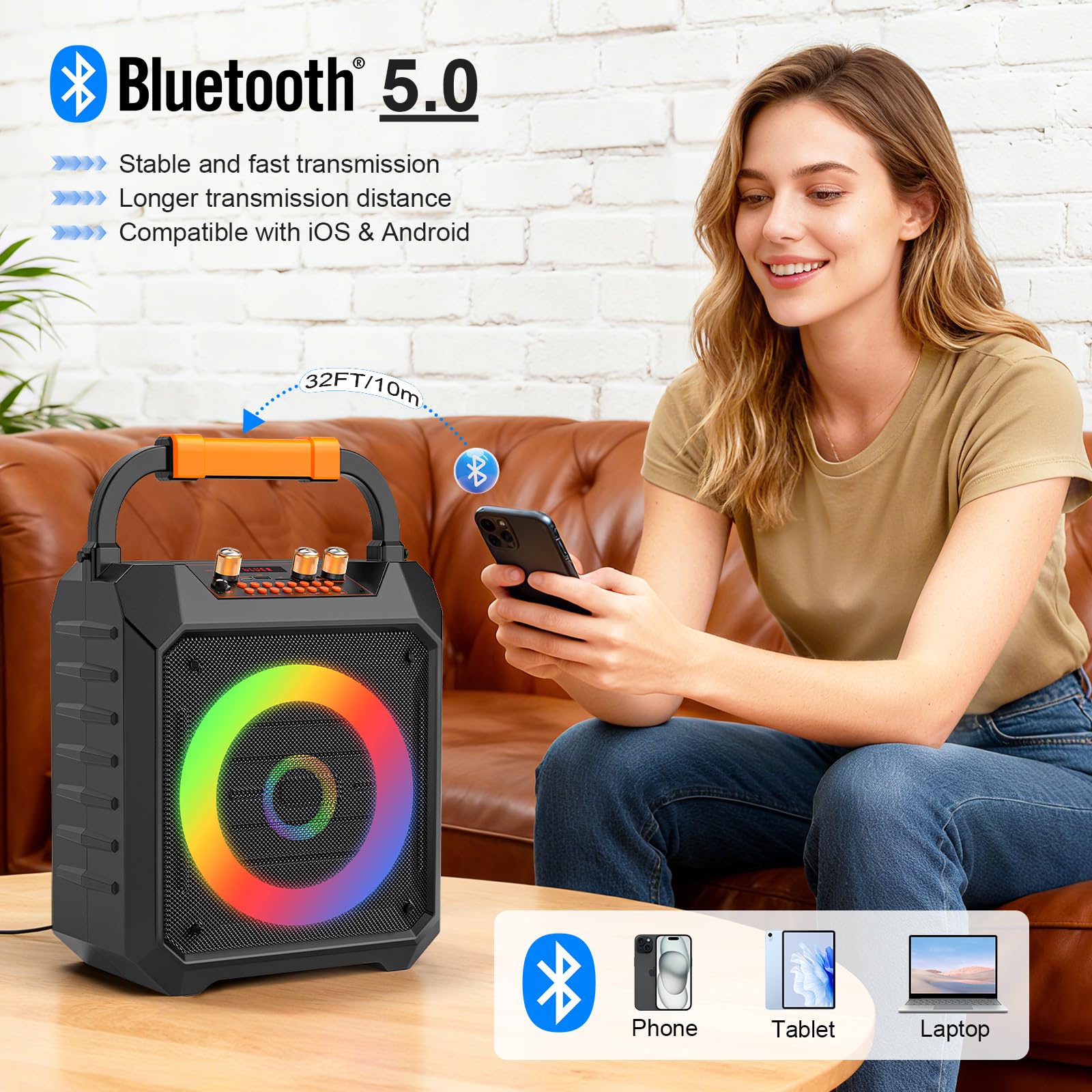 Machine de karaoké portable avec 2 microphones sans fil Bluetooth Haut-parleur de karaoké avec système de sonorisation pour adultes, fêtes, usage domestique, prend en charge BT/TF/USB/AUX/FM