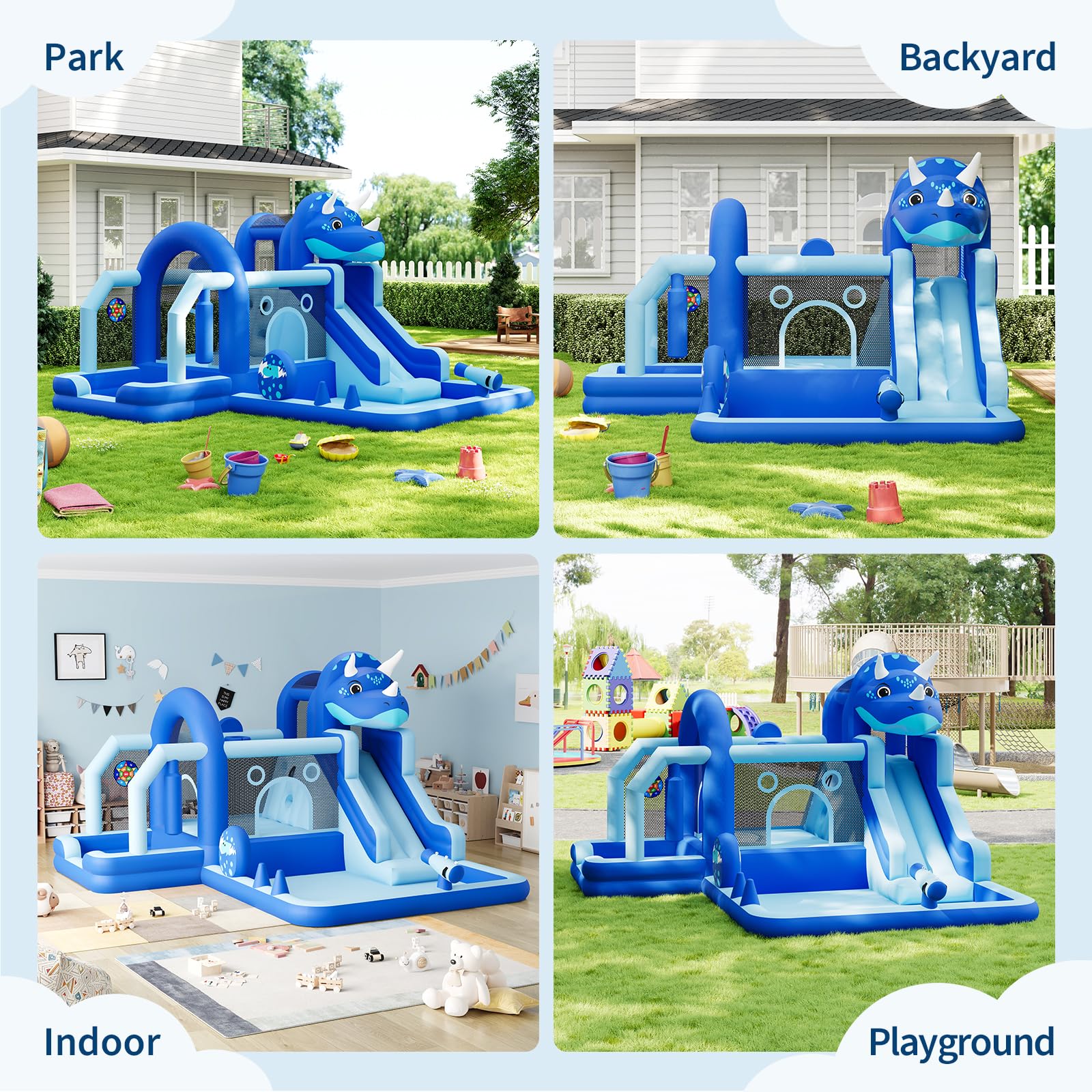 Château Gonflable Structure Dinosaure en Tissu Oxford, Jeux Gonflable Enfant Exterieur, avec Souffleur, Trampoline, Toboggan, Mur d'escalade, Aire De Jeux, pour 3-10 Ans, Capacité 113 kg, Bleu